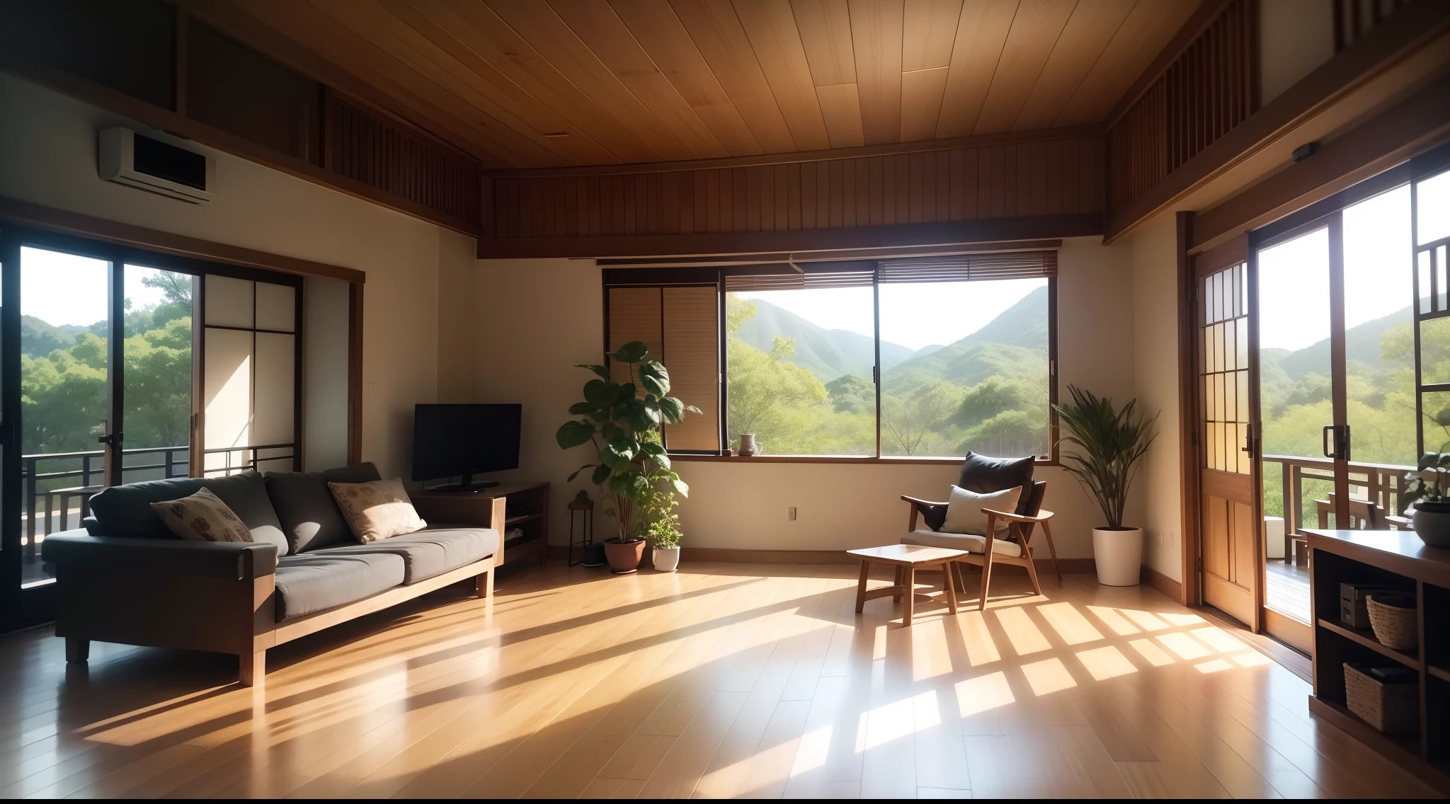 interior design、Insanely detailed wide-angle architectural photo、Cozy contemporary living room、(Bright and warm sunlight 1:0.1)、Award-winning contemporary interior design、landscapes、The table、a chair、in a house、Wooden flooring、window、resturant、east asian east asian architecture、sliding paper doors、abajour、architectural、the woods、naturey、cups、a plant、interior design、Insert lighting and shadows、depth of fields、low illuminance