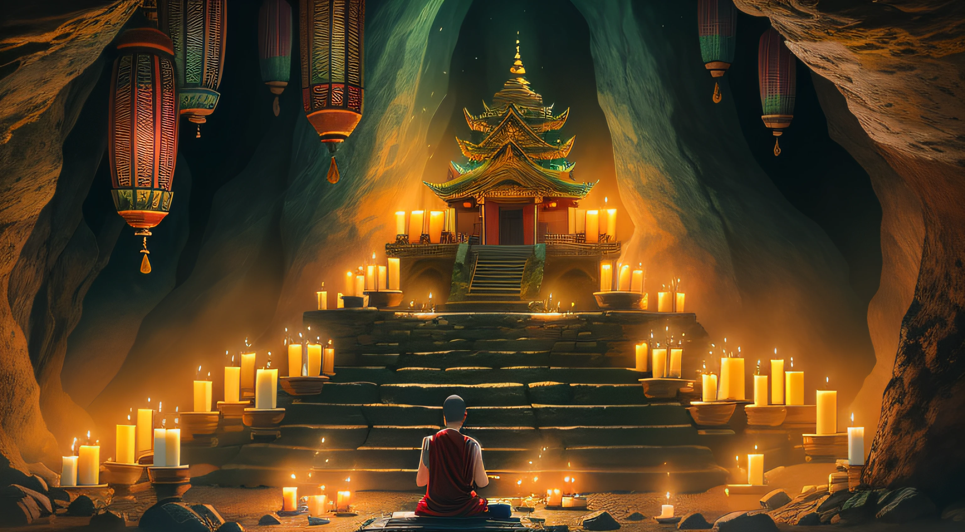 a person sitting in a cave with candles lit up, hindu stages of meditation, monk meditate, meditating, a mystical temple, praying meditating, buddhist monk meditating, glowing temple in the distance, floating in a powerful zen state, buddhism, meditation, buddhist, in a cave with the waterfall, mystical setting, underground temple, mysterious temple setting,