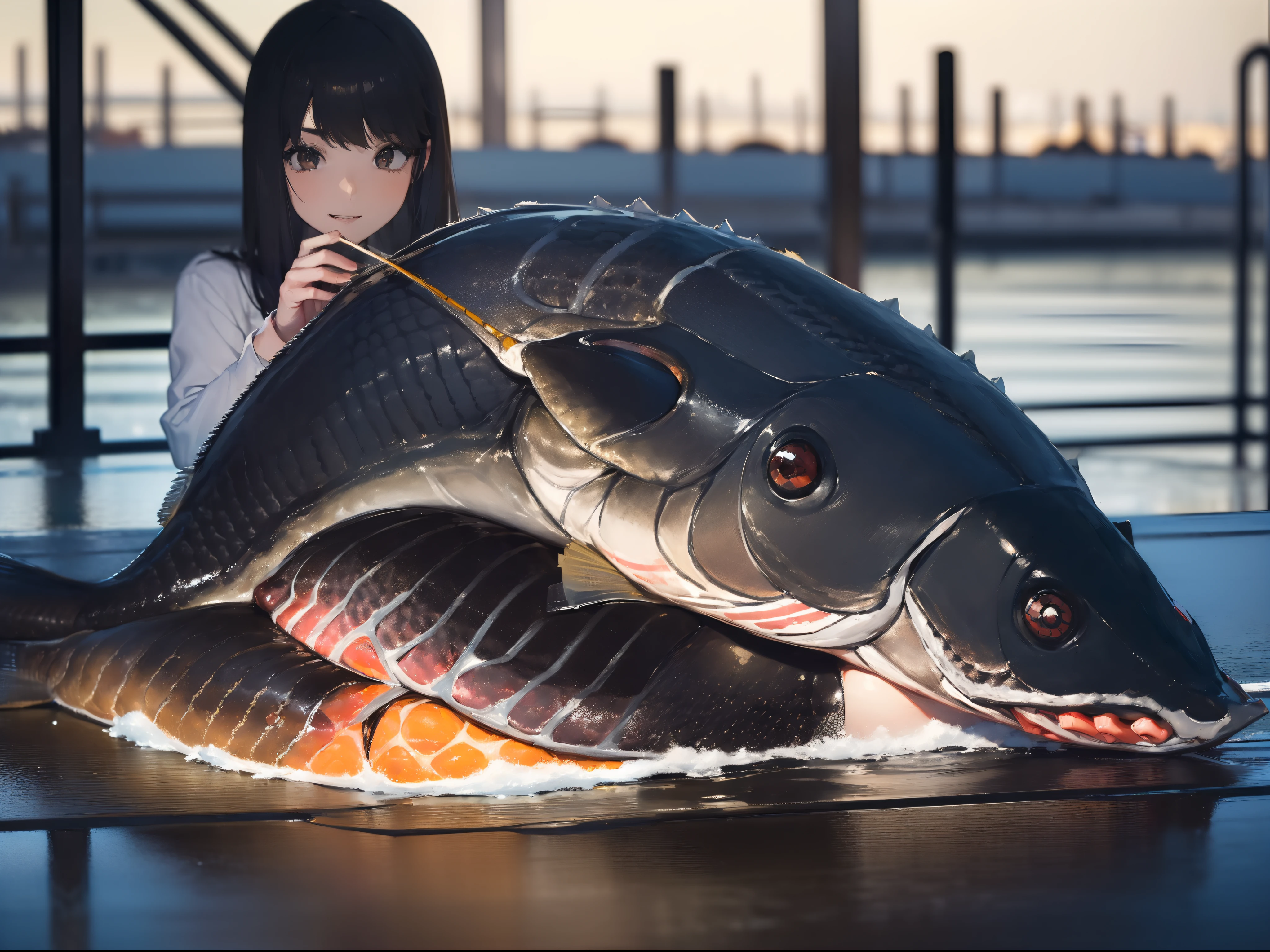 ((((Catch a big black bass by the lake:1.5)))),((1 female 22 years old))((Best Quality, masutepiece :1.5)),(((Hands with the correct number and structure of fingers:1.5))),hight resolution,ultra-detailliert,masterpiece,best qualtiy,,Black hair, long eyeslashes, Solid Circle Eyes, Smiling Woman, drop shadow, Atmospheric perspective,Super Detail, ccurate, small brest,(Black jacket :1.1),top-quality, blurry backround, bokeh dof:1.2, (masterpiece:1.3), Atmospheric perspective,Super Detail,dynamic compositions