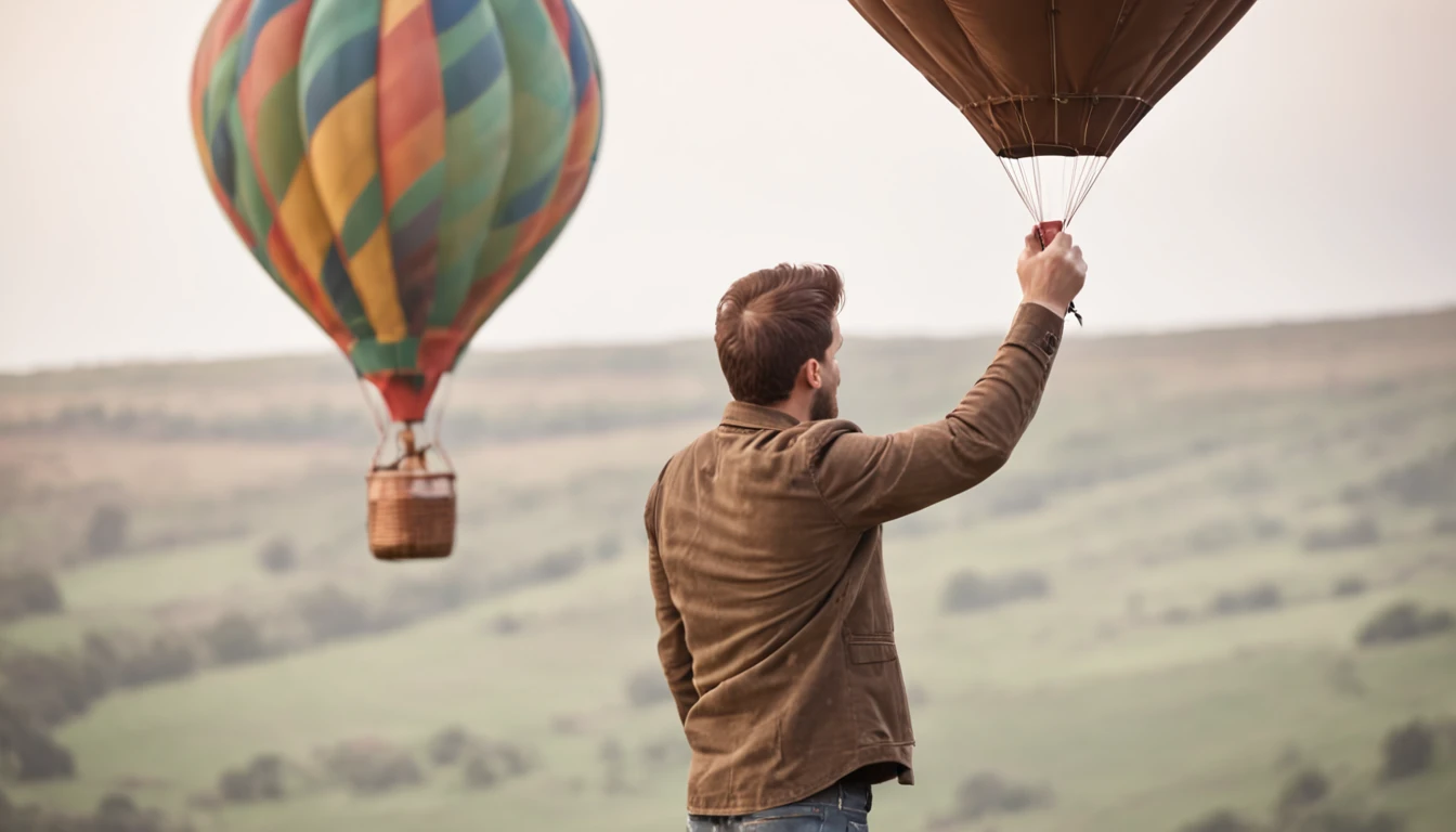 a guy flying in a balloon that flies in the sky. The guy flies stuck by the arms in the balloon. 8k, Hyperreal photo of very high detail