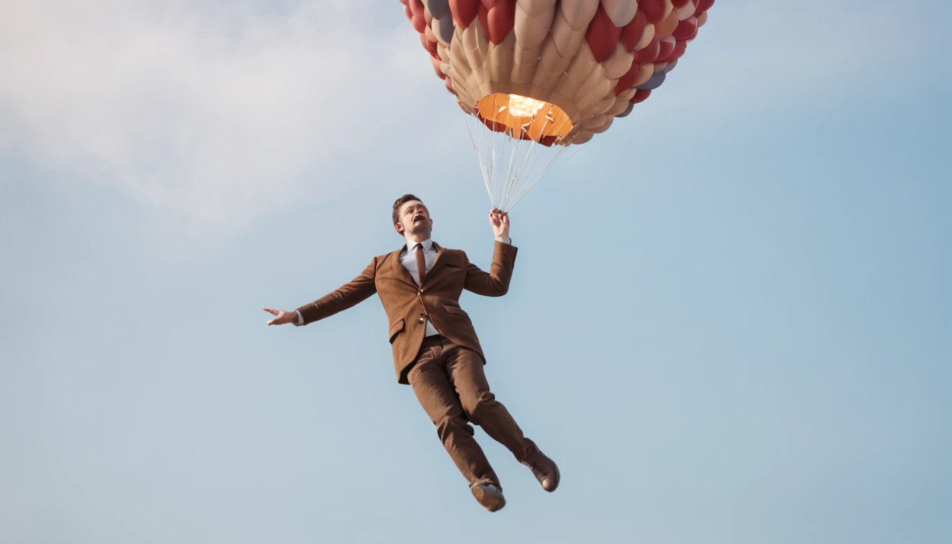 a guy flying in a balloon that flies in the sky. The guy flies stuck by the arms in the balloon. 8k, Hyperreal photo of very high detail