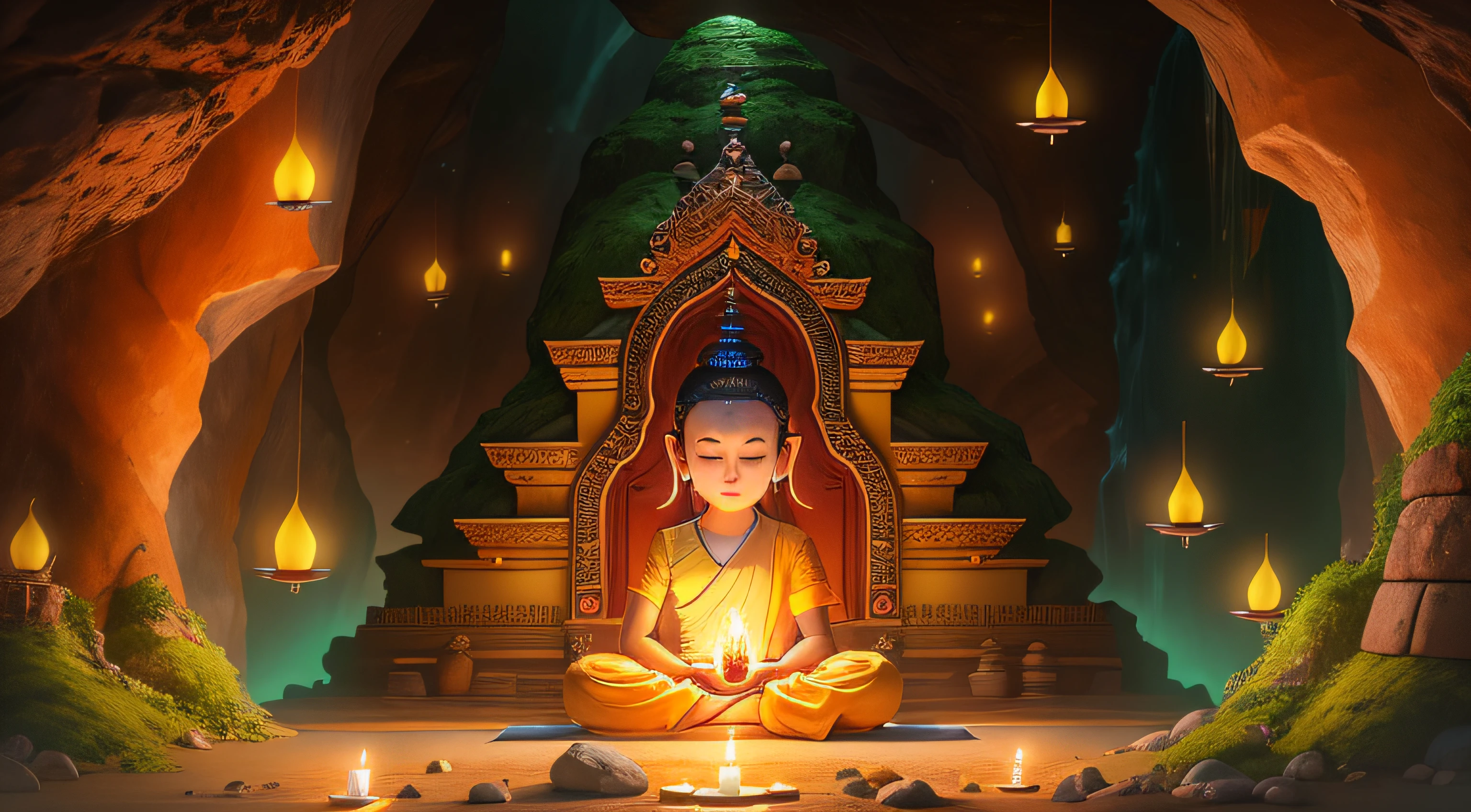 a person sitting in a cave with candles lit up, hindu stages of meditation, monk meditate, meditating, a mystical temple, praying meditating, buddhist monk meditating, glowing temple in the distance, floating in a powerful zen state, buddhism, meditation, buddhist, in a cave with the waterfall, mystical setting, underground temple, mysterious temple setting,