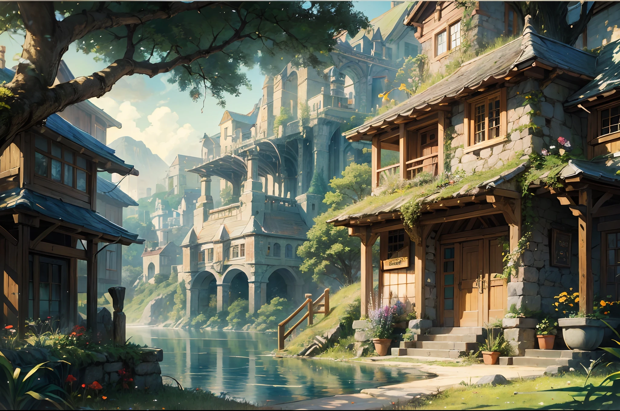 (absurdres, highres, ultra detailed, HDR), masterpiece, best quality, legend of mana town, sword of mana console, portrait of a place, nostalgic place, town of lumina, detailed scenery, in a legend of mana town, lumina, adventurer town, scenery, professional photo, rpg style town detailed scenery, detailed background