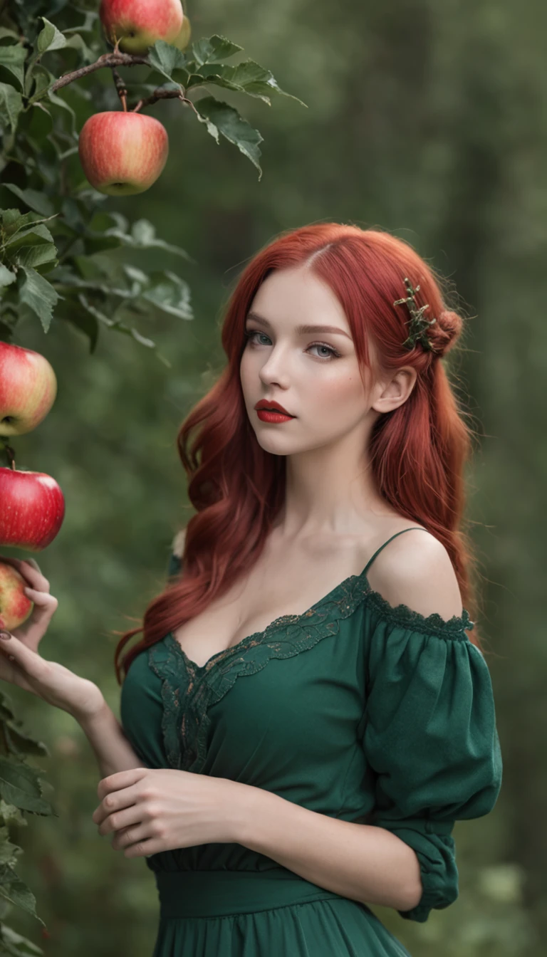 (steampunk art), Apple orchard, A large red apple in a coniferous forest, bokeh, glare, radiance, Fantasy, fairycore, High Resolution, image, Sexy girl with green eyes and red hair, bar, (sexypose), (wet clothing)