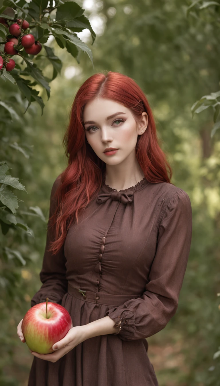 (steampunk art), Apple orchard, A large red apple in a coniferous forest, bokeh, glare, radiance, Fantasy, fairycore, High Resolution, image, Sexy girl with green eyes and red hair, bar, (sexypose), (wet clothing)