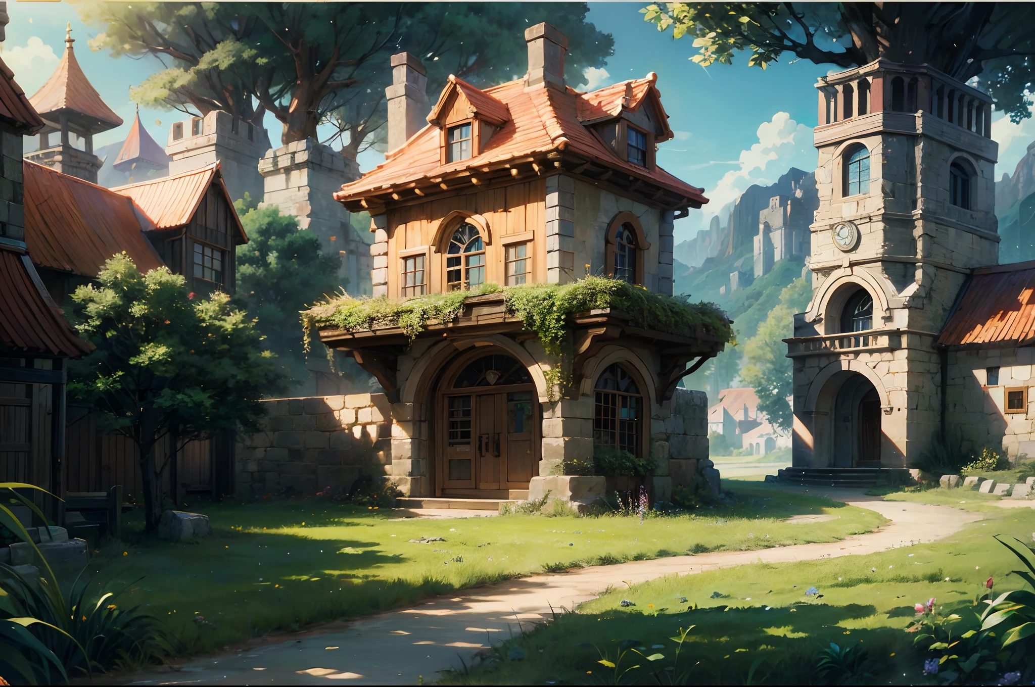 (absurdres, highres, ultra detailed, HDR), masterpiece, best quality, legend of mana town, sword of mana console, portrait of a place, nostalgic place, town of lumina, detailed scenery,  in a legend of mana town, lumina, adventurer town, scenery, professional photo, rpg style town detailed scenery, detailed background