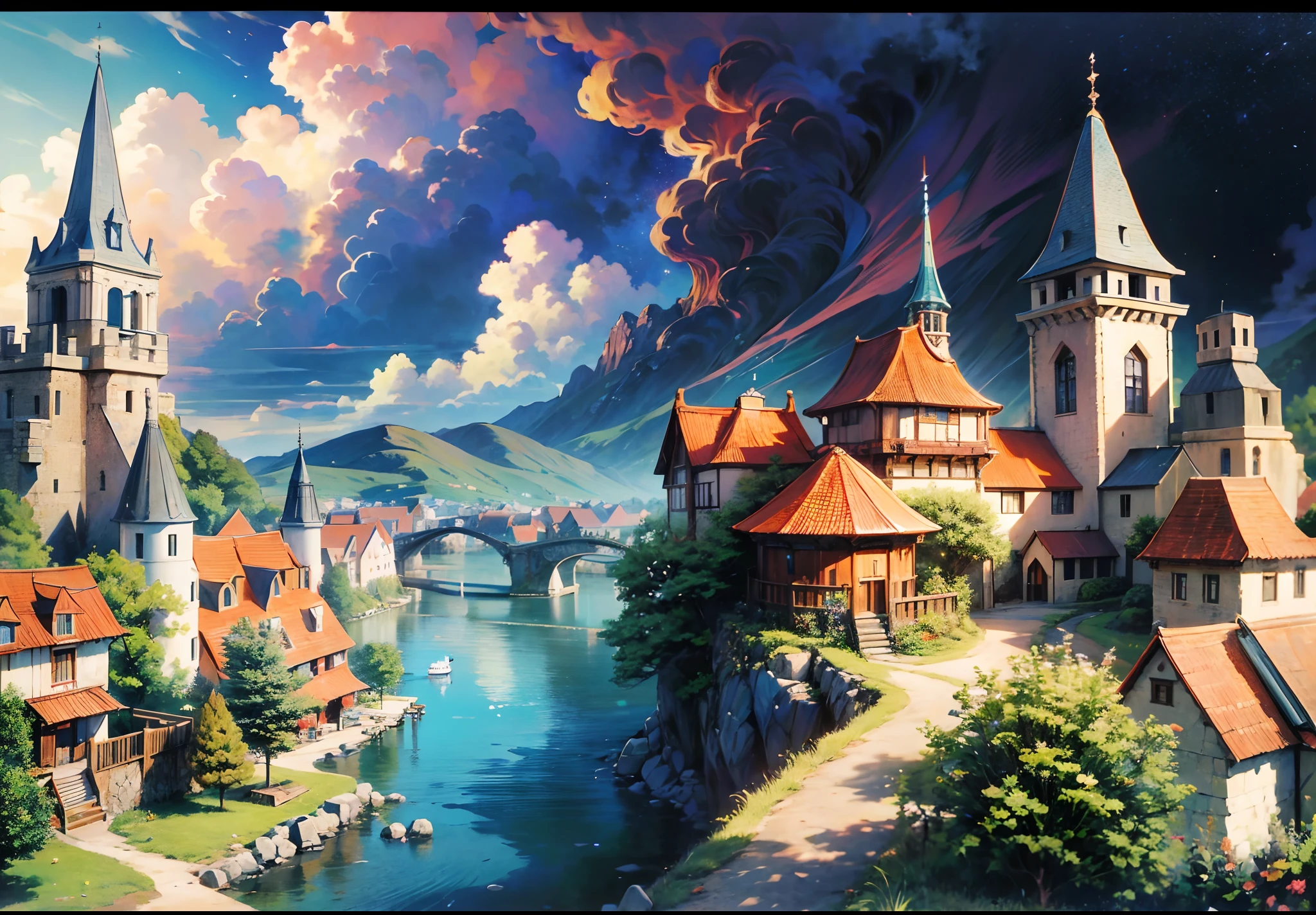 (absurderes, A high resolution, Ultra detailed, hdr), Masterpiece, Best quality, Mana Town legend, Mana Dawn console, Portrait of a place, Nostalgic place, Town of Lumina, detailed scenic view,  In the legend of Mana Town, optic, Local towns, scenery, Professional photo, Detailed view of the path town, Detailed background