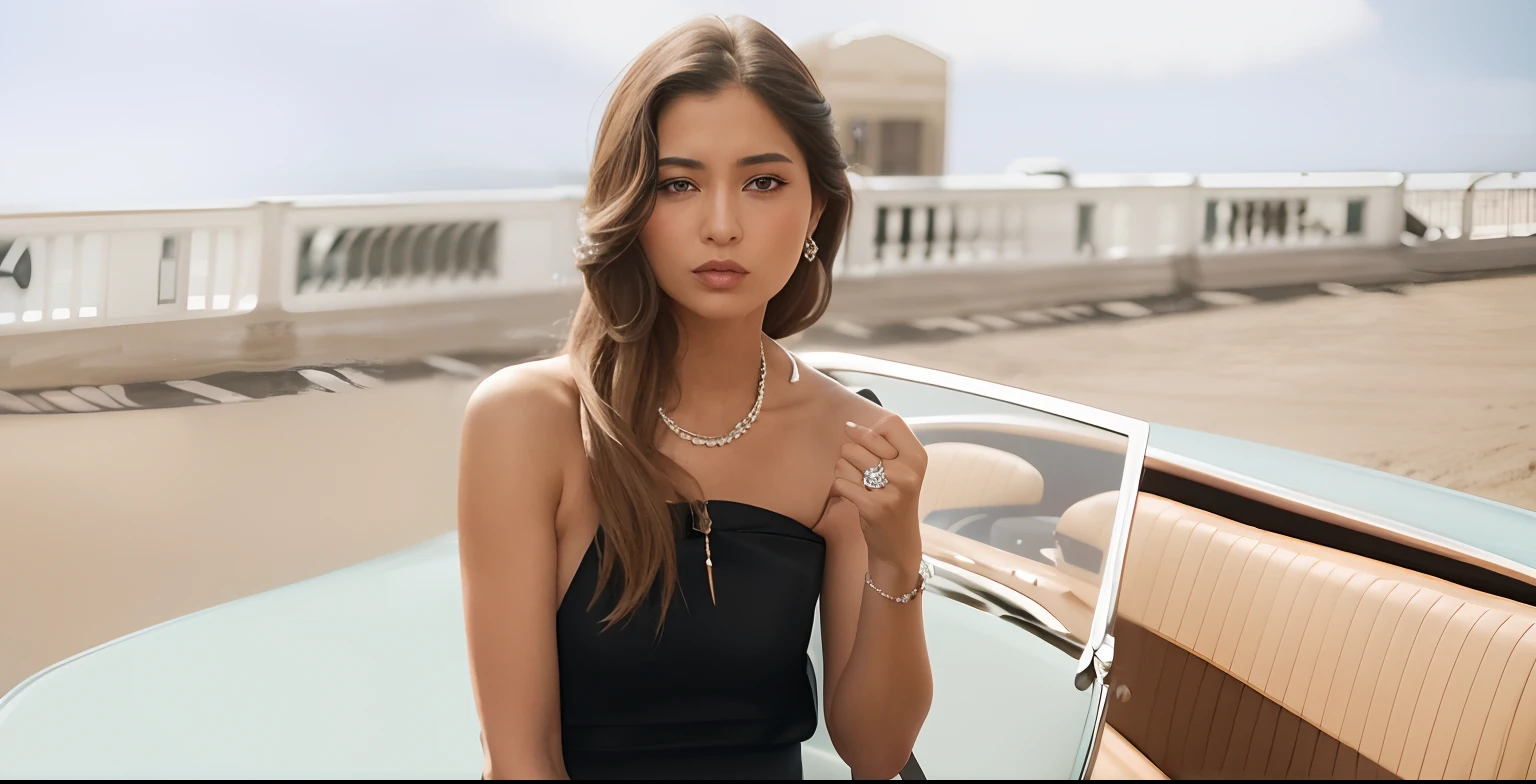 An Araki woman in a black dress stood in front of the car,chaumet,chaumet style,bvlgari jewelry,van cleef&arpels style,swarovski,bulgari style,Julia Salda,van cleef&arpels,bulgari,author:Arthur Salkissian,photo of a hand jewellery model,bvlgari。