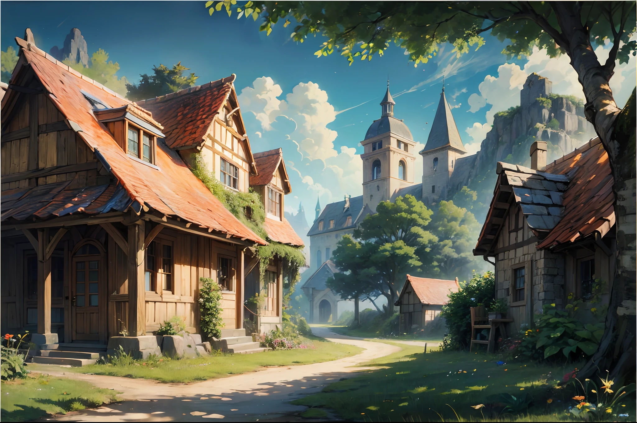 (absurdres, highres, ultra detailed, HDR), masterpiece, best quality, legend of mana town, sword of mana console, portrait of a place, nostalgic place, town of lumina, detailed scenery,  in a legend of mana town, lumina, adventurer town, scenery, professional photo, rpg style town detailed scenery, detailed background