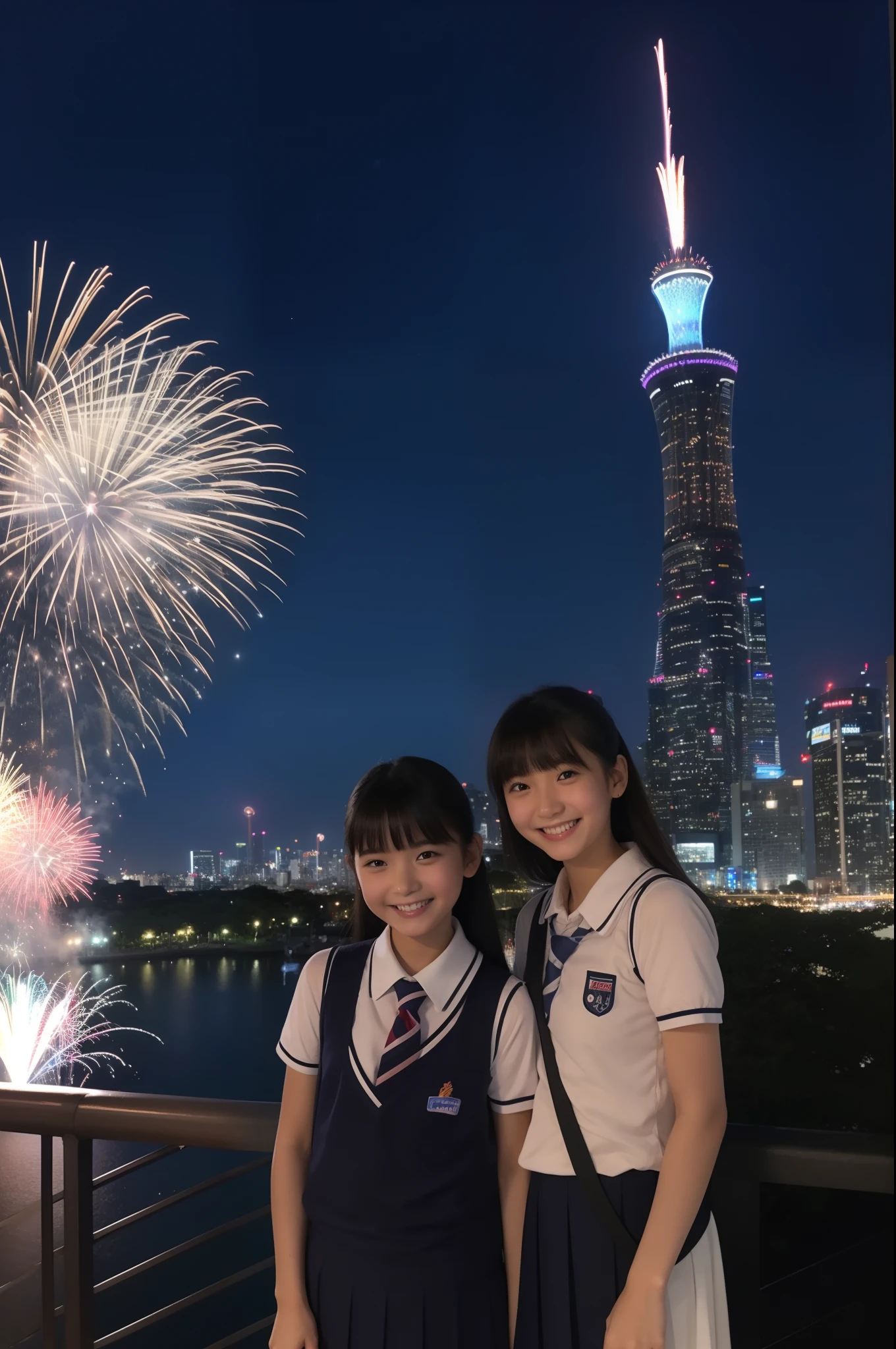A smile、hi-school girl、校服、While doing fireworks、mare、Tokyo Skytree