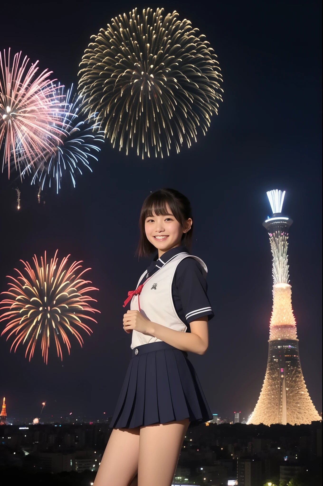 A smile、hi-school girl、校服、While doing fireworks、mare、Tokyo Skytree