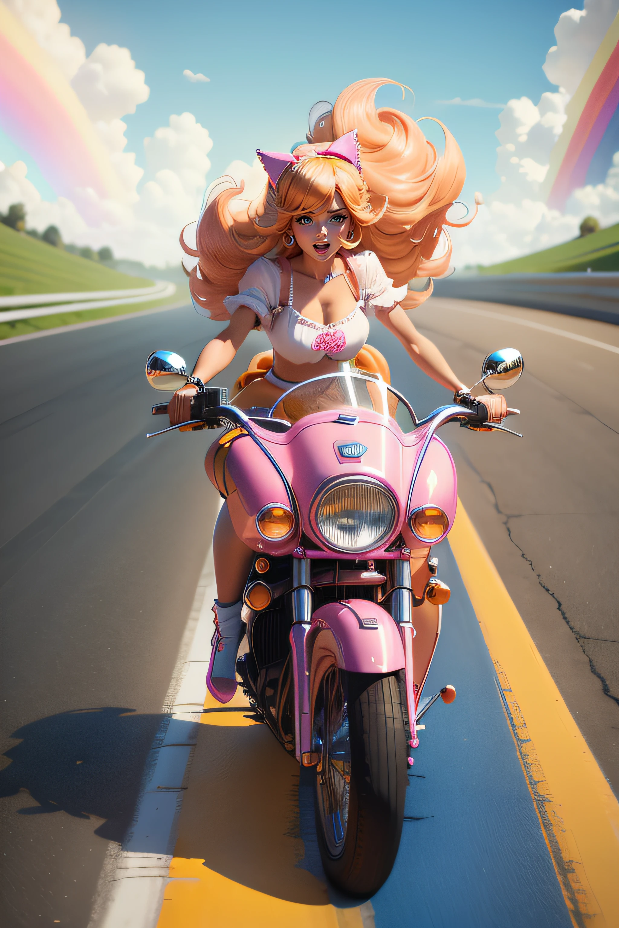 BarbieCore a vintage ORANG COLOR car driving along a rainbow road , (shiny plastic:0.8), (pink and white:0.9), (pastel:0.85)----revAnimated_v122===UHD