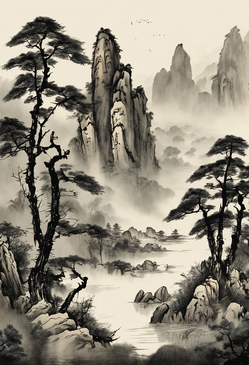 (Masterpiece, best quality: 1.2), traditional Chinese ink painting, high mountains, small hillsides, rocks, trees, no humans, cliffs
