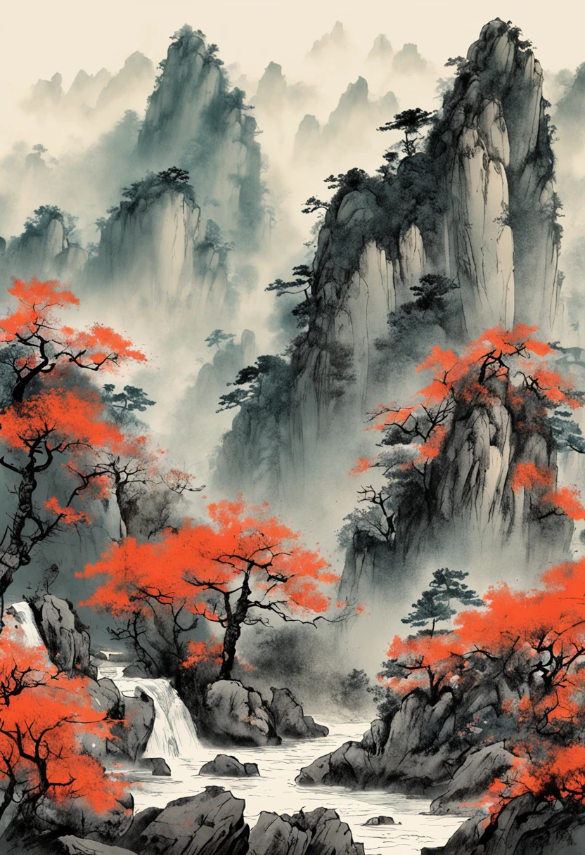 (Masterpiece, best quality: 1.2), traditional Chinese ink painting, high mountains, small hillsides, rocks, trees, no humans, cliffs