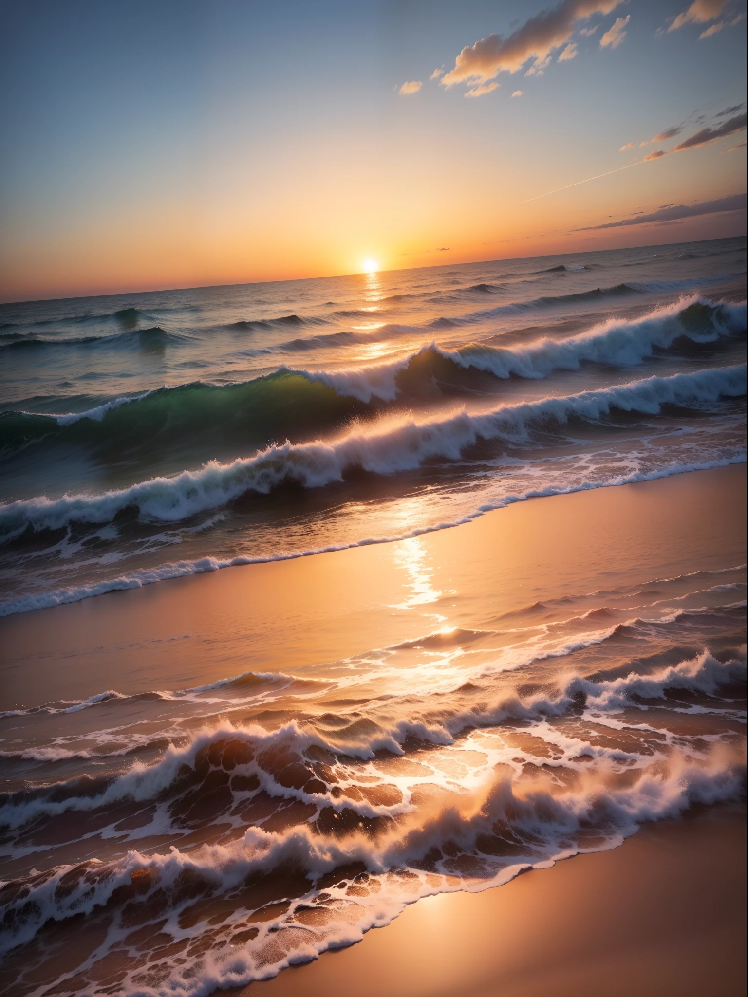 Plano de fundo de por do sol na praia, with waves and vast area of sand