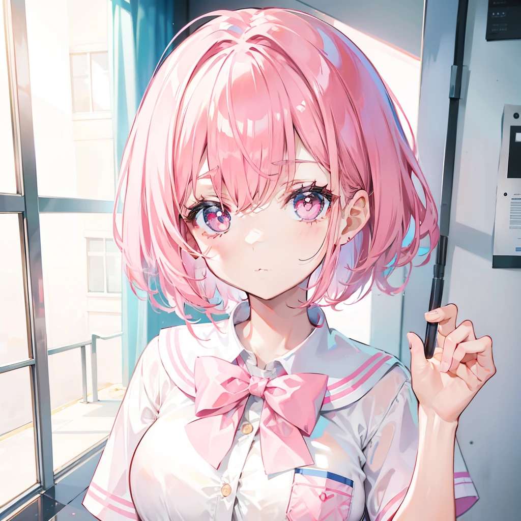 Short pink hair with a sense of transparency，Wearing a milky ultra-light pink school uniform，Light pink pupils，Super cute sweet girl