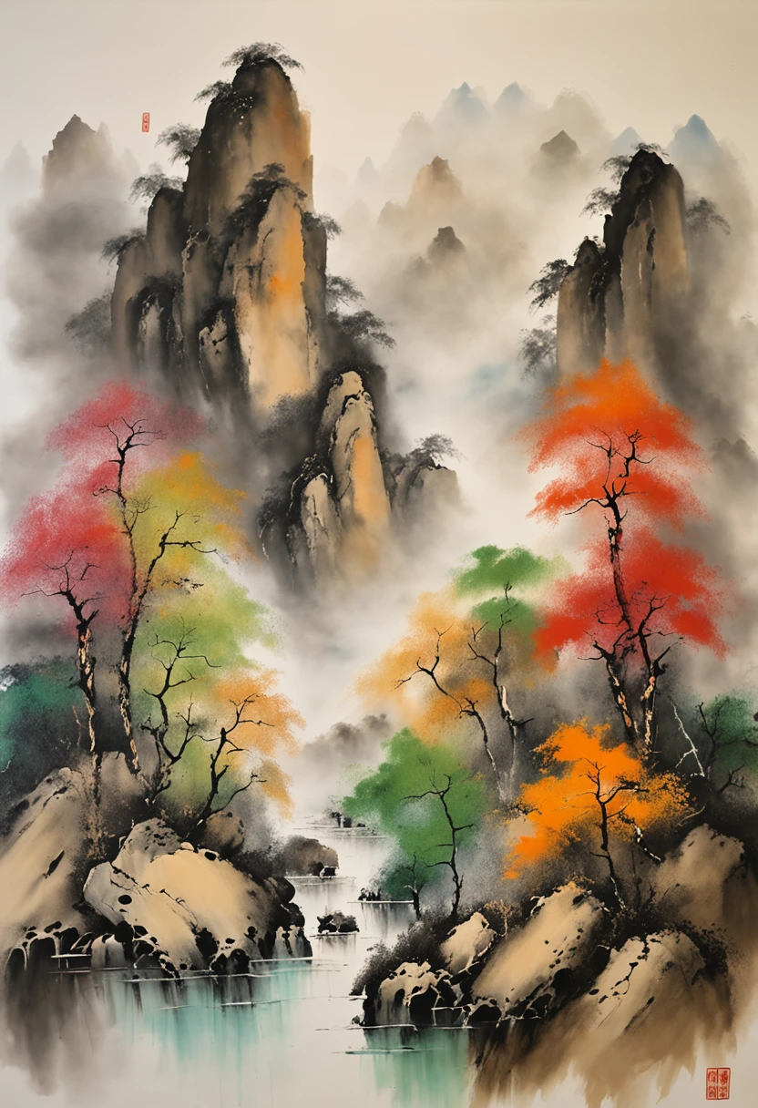 (Masterpiece, best quality: 1.2), traditional Chinese ink painting, high mountains, small hillsides, rocks, trees, no humans, cliffs