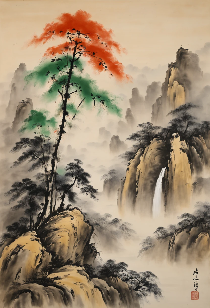 (Masterpiece, best quality: 1.2), traditional Chinese ink painting, high mountains, small hillsides, rocks, trees, no humans, cliffs