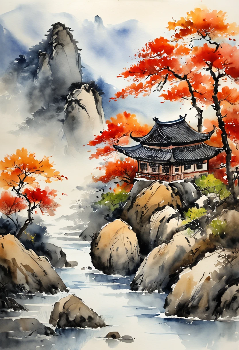 (Masterpiece, best quality: 1.2), traditional Chinese ink painting, high mountains, small hillsides, rocks, trees, no humans, cliffs