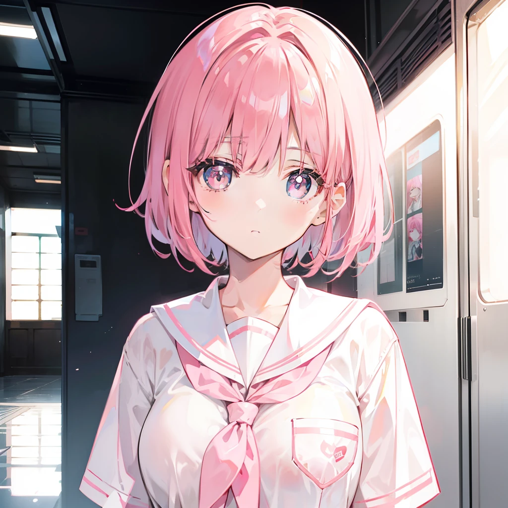 Short pink hair with a sense of transparency,Wearing a milky ultra-light pink school uniform,Light pink pupils,Super cute sweet girl