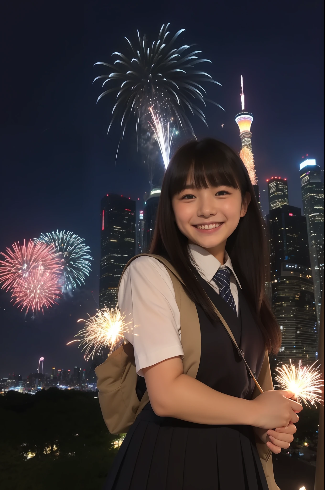 A smile、hi-school girl、校服、While doing fireworks、mare、Tokyo Skytree