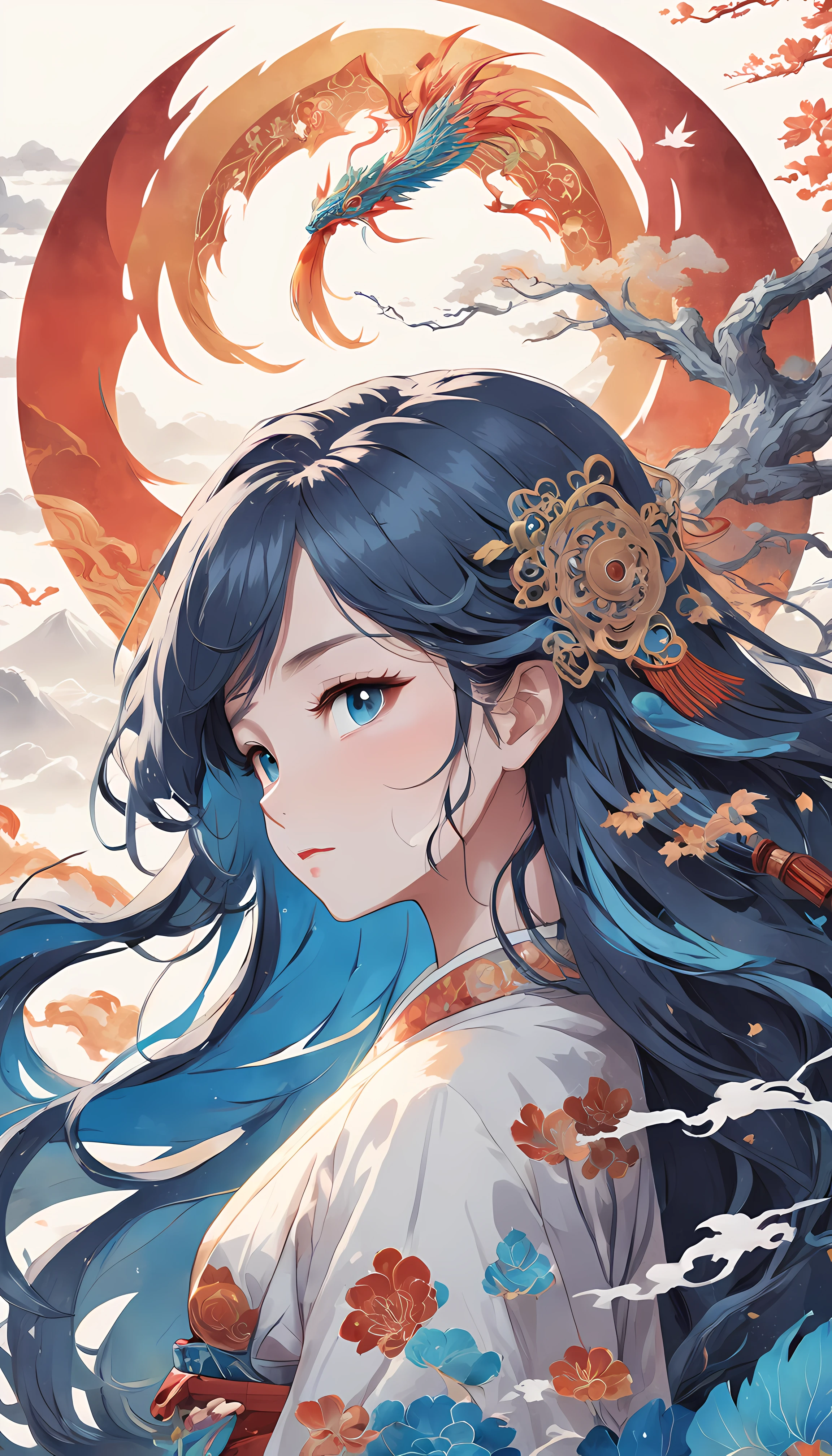 (White background:1.4),(Silhouette of a girl's head, Blue pupil,colorfull long hair, Oriental elements),(Chinese illustration:1.3,paper art:1.3, Quilted paper art:1.2),( reasonable design, Clear lines, High sharpness,Best quality, Very detailed, Masterpiece, movie light effect, 4K )