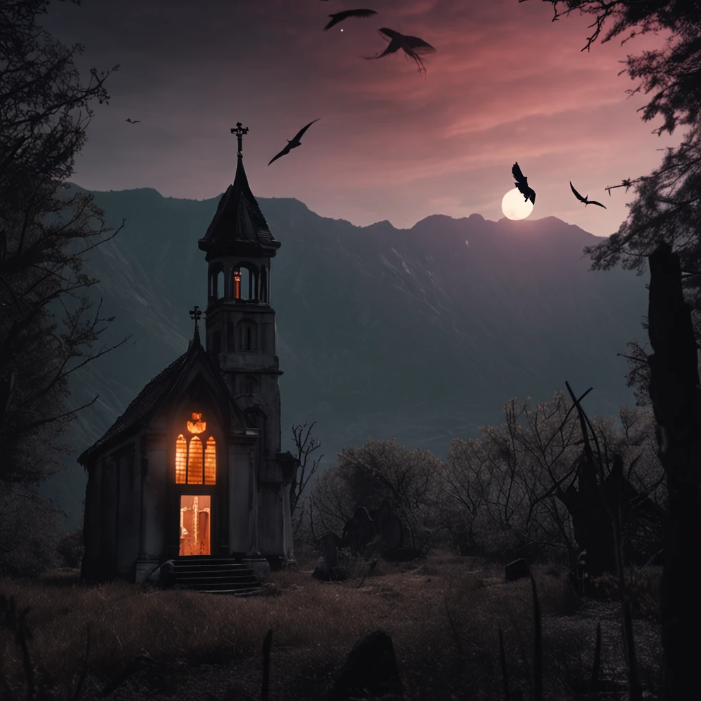 ,Masterpiece, Best quality,8K, 超高分辨率,Dusk falls,An abandoned church stands between desolate mountains。The church has a minaret on the bell tower,Vampire sits alone under a half-moon shaped skylight,Gaze at the sunset in the distance。Her slender fingers stroked the glass,It was as if touching the passage of time。The interior of the church is filled with a deep purple aura,It seems to tell about the painful existence of vampires。Through stained glass windows,Soft light reflected on her pale face,Sketch a mysterious and beautiful smile。The low chant of the church flutters in the wind,As if it were a consolation and awakening to vampires。The scene was filled with serenity and reverence,Let the audience feel the immortal loneliness and loneliness of vampires。