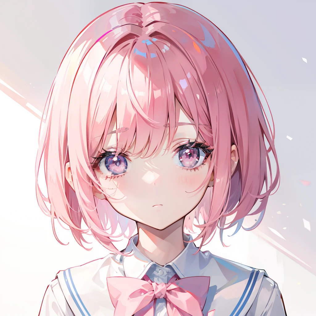 Short pink hair with a sense of transparency,Wearing a milky white ultra-light pink school uniform,Light pink pupils,Super cute sweet girl