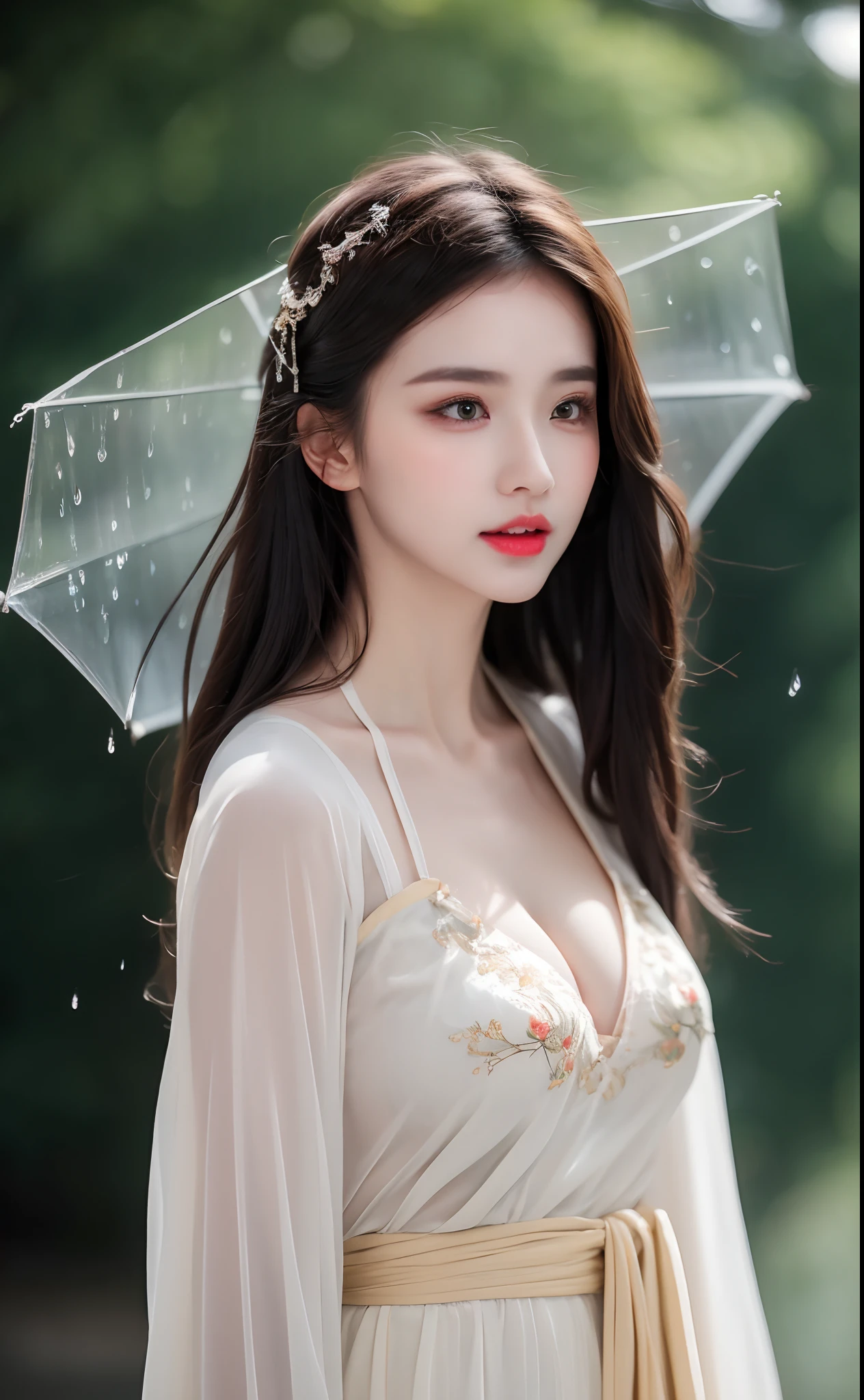((Best Quality, 8k, Masterpiece: 1.3)), Focus: 1.2, Perfect Body Beauty: 1.4, Buttocks: 1.2, ((Layered Haircut)), (Wet Clothes: 1.1), (Rain, Street:1.3), (Breasts: 1.2), (Hanfu: 1.2), Bare Shoulders, Bare Legs, Highly Detailed Face and Skin Texture, Fine Eyes, Double Eyelids, Whitened Skin, Long Hair, (Shut Up: 1.5), (Bokeh Background: 1.5), Big Breasts