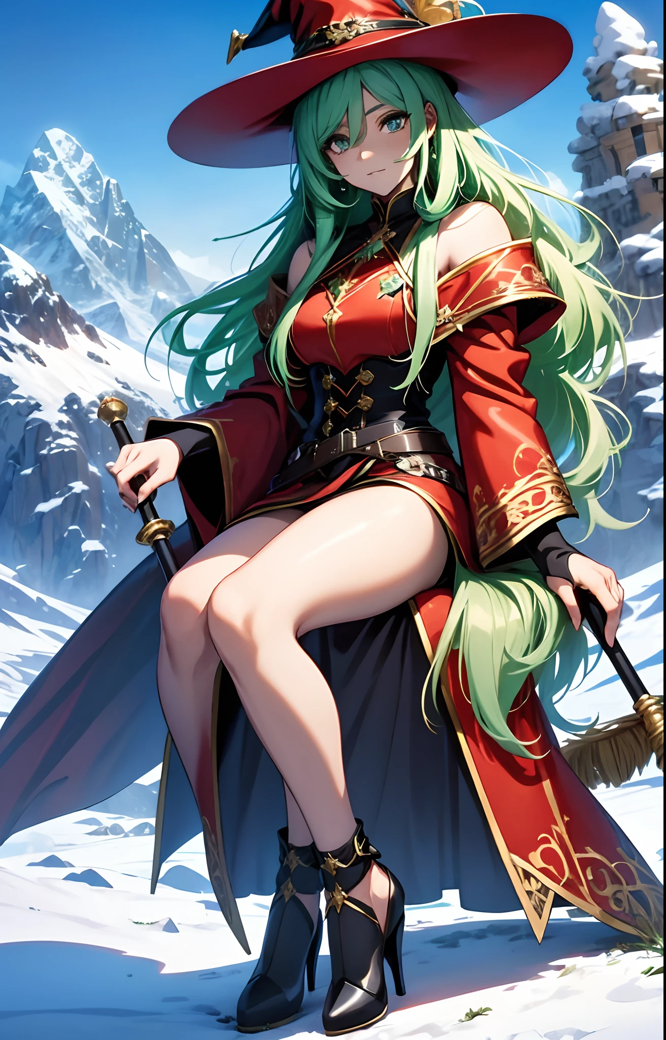 best qualityer，tmasterpiece，Ultimate resolution，downy，Extremely colorful，Colorful，Alpine background，Sky flight，Long flowing green hair，The Witch，a matural female，Red magic robe long dress，red high heel pumps，Sit on a magical broom，flight，Normal posture