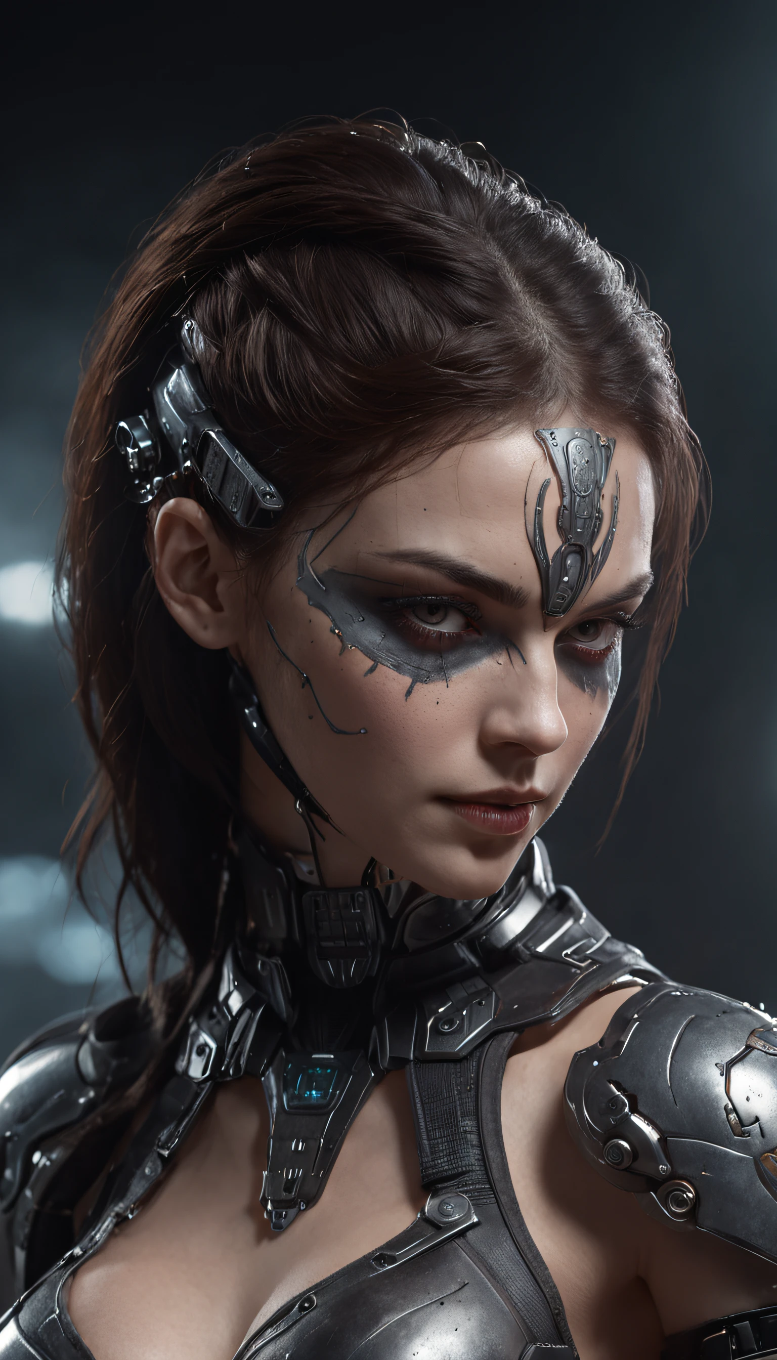 In a gritty post-industrial world, set amidst towering skyscrapers and smoky alleyways, you encounter a stunning humanoid robot woman. As you gaze upon her, you notice the intricate fusion of mechanical parts and human-like features that make up her unique composition. The external allure of her real skin texture, radiating warmth and life, contrasts with the cold, metallic elements that intricately weave through her body, accounting for 30 percent of her overall form. She stands as a testament to the harmonious synthesis of cutting-edge technology and human essence.
Describe the scene where this extraordinary entity crosses paths with you during her transformative journey. Reflect on the emotions evoked by her striking appearance and contemplate the blend of humanity and machinery evident in her visage. What secrets might lie beneath her seemingly ordinary exterior, and what kind of journey has brought her to this moment? Let your imagination weave a tale of intrigue, introspection, and untold adventures as the mid-journey unfolds.
