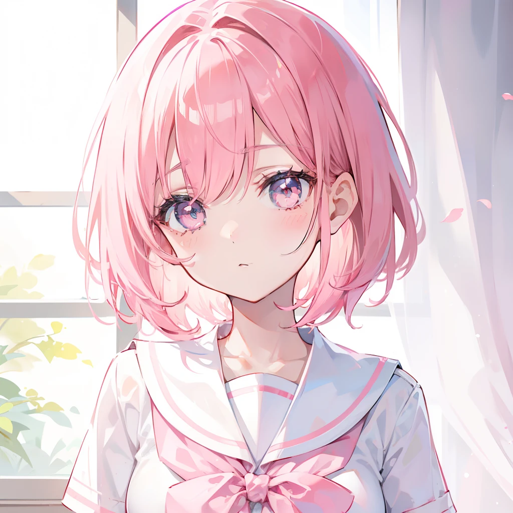 Short pink hair with a sense of transparency,Wearing a milky white ultra-light pink school uniform,Light pink pupils,Super cute sweet girl