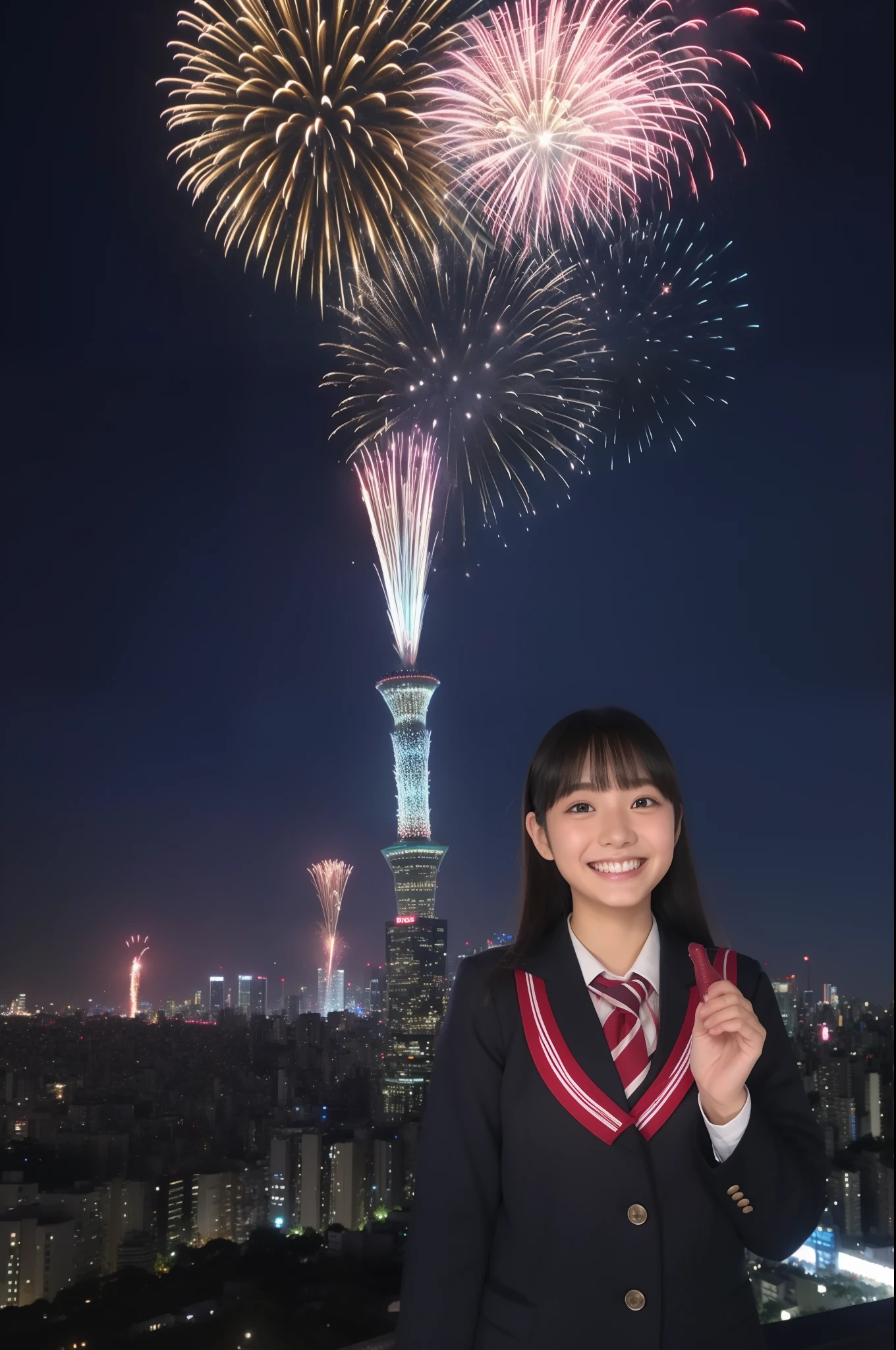 A smile、hi-school girl、校服、While doing fireworks、mare、Tokyo Skytree