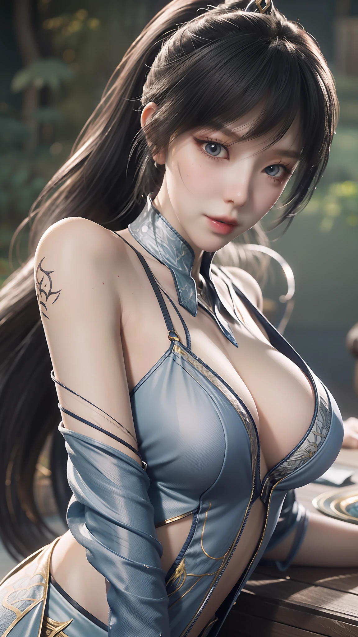 The Arad woman in the dress sits at the table, closeup fantasy with water magic, 2. 5 D CGI anime fantasy artwork, Anime fantasy illustration, Detailed digital anime art, beautiful fantasy anime, Smooth anime CG art, Anime fantasy artwork, 8K high quality detailed art, Realistic anime 3 D style, ultra detailed water, beautiful and seductive anime woman