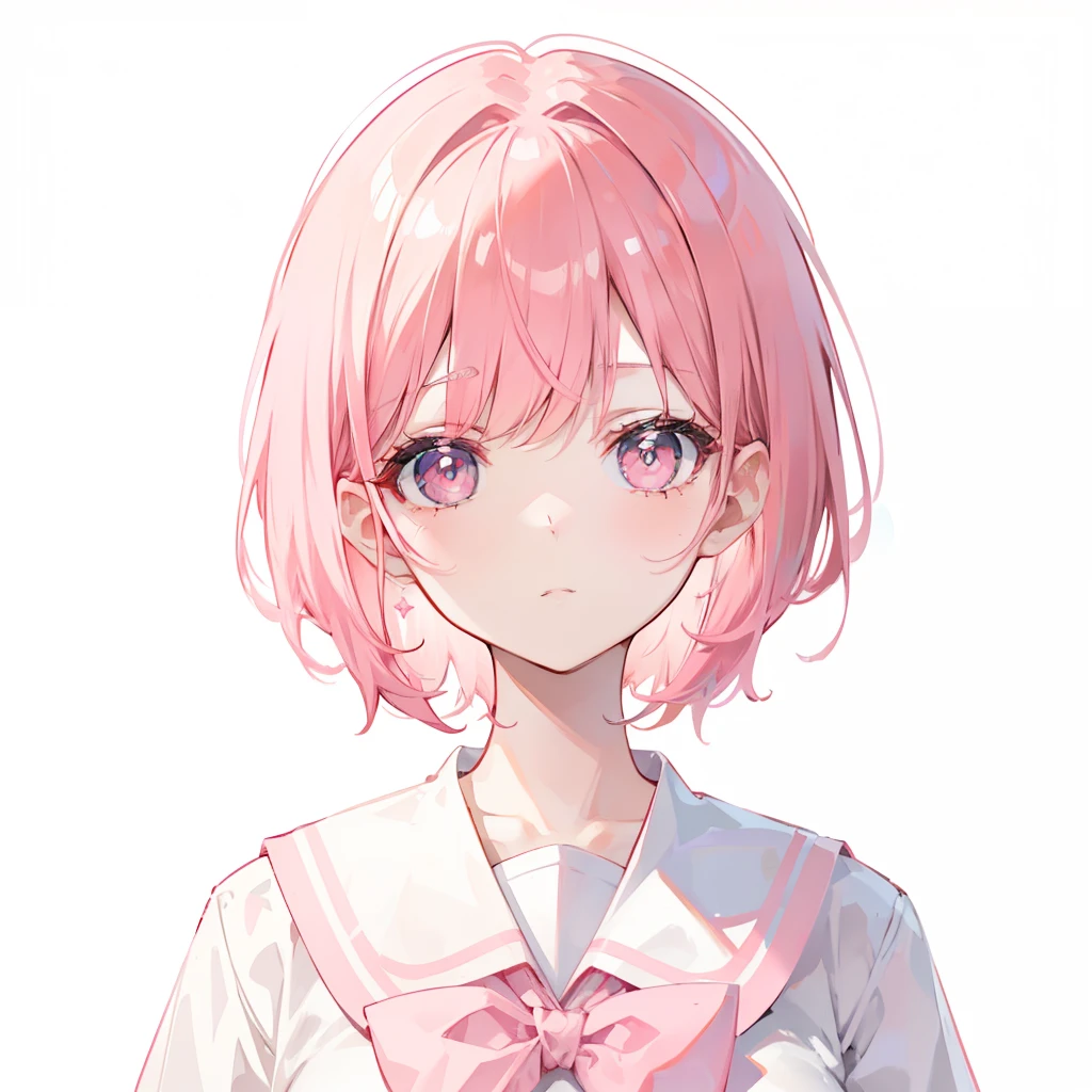 Short pink hair with a sense of transparency，Wearing a milky white ultra-light pink school uniform，Light pink pupils，Super cute sweet girl