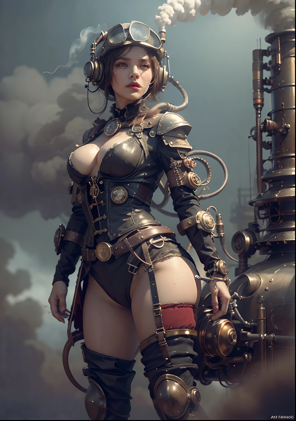 There's a woman with a steam-powered helmet, arte conceitual steampunk, full body view, smoke fog background,arte steampunk digital, arte steampunk de alta qualidade, Wojtek FUS, arte digital steampunk, detailed steampunk illustration, Portrait of a mechanical woman, arte steampunk, estilo de arte dieselpunk, cyberpunk steampunk, estilo de fantasia steampunk, Arte digital altamente detalhada em 4k, sci-fi steampunk