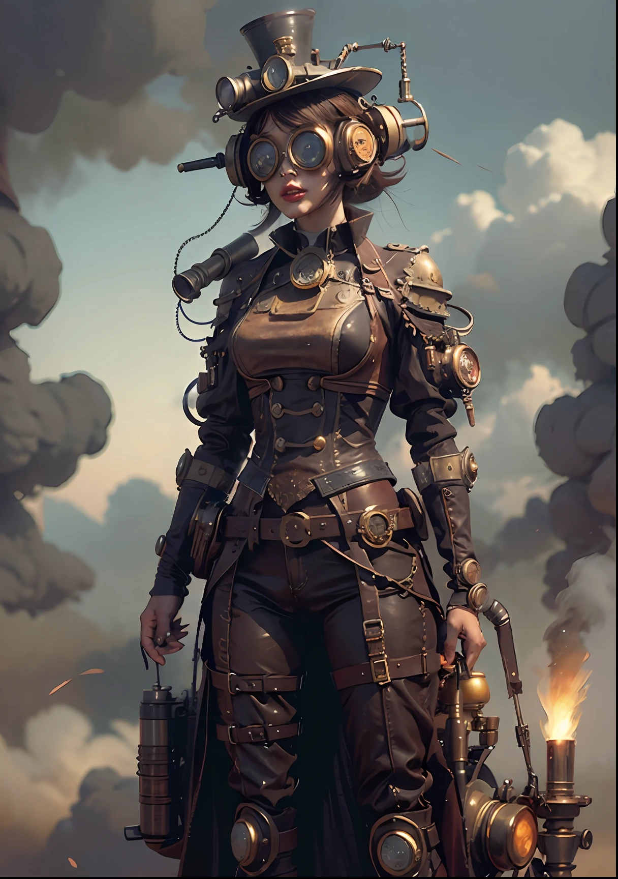 There's a woman with a steam-powered helmet, arte conceitual steampunk, full body view, smoke fog background,arte steampunk digital, arte steampunk de alta qualidade, Wojtek FUS, arte digital steampunk, detailed steampunk illustration, Portrait of a mechanical woman, arte steampunk, estilo de arte dieselpunk, cyberpunk steampunk, estilo de fantasia steampunk, Arte digital altamente detalhada em 4k, sci-fi steampunk