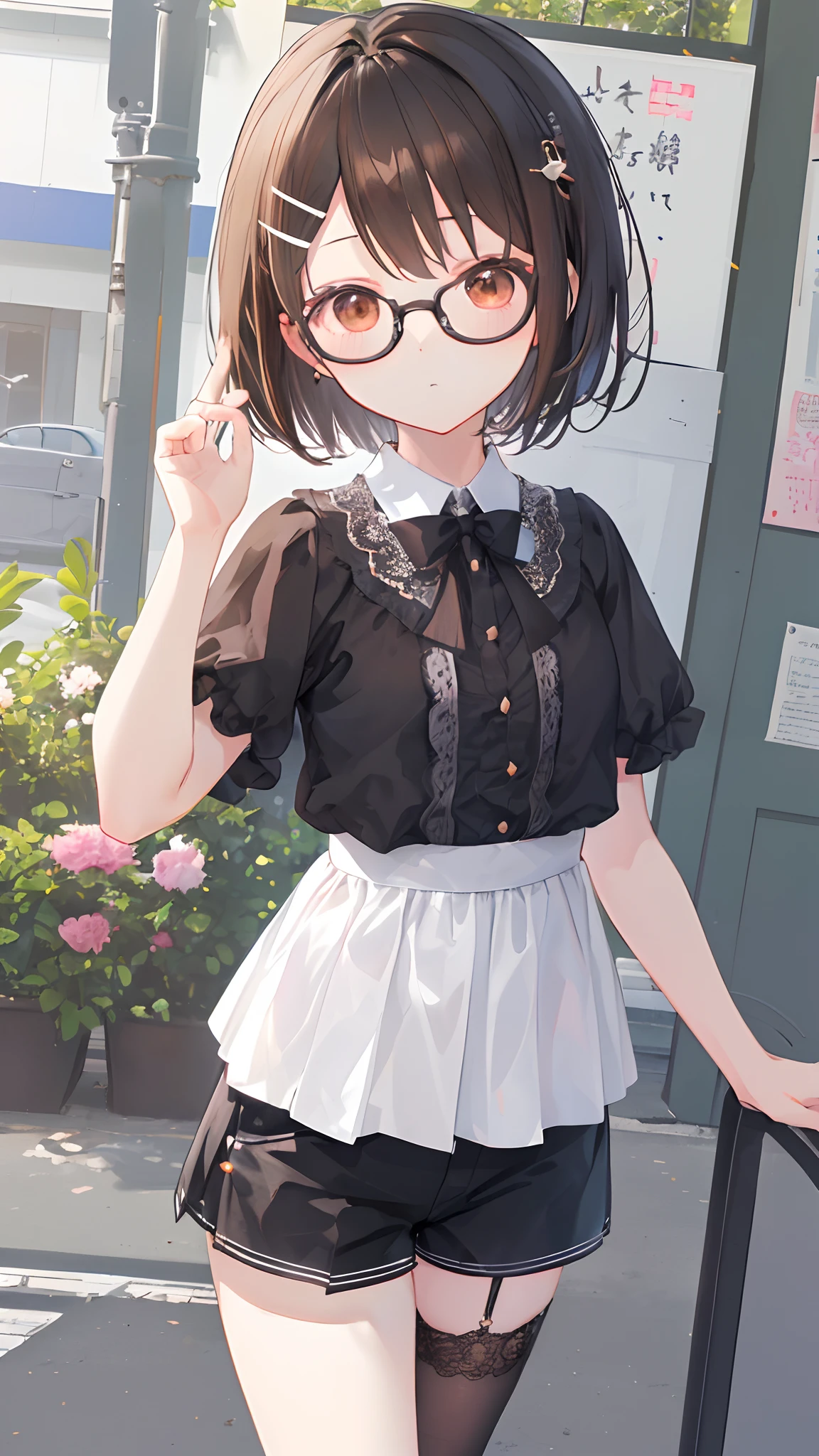 (masutepiece, Best Quality, Capture super cute moments, depth of fields, ultra-detailliert, Ultra High Resolution, C4D, Octadale, 3D Modeling, 8K, 16 K, one girls、a junior high school student、A dark-haired、short-hair、straight haired、Light brown eyes,hair adornments、wearing black glasses、Cute face)、White shirt with lace、Short pants
