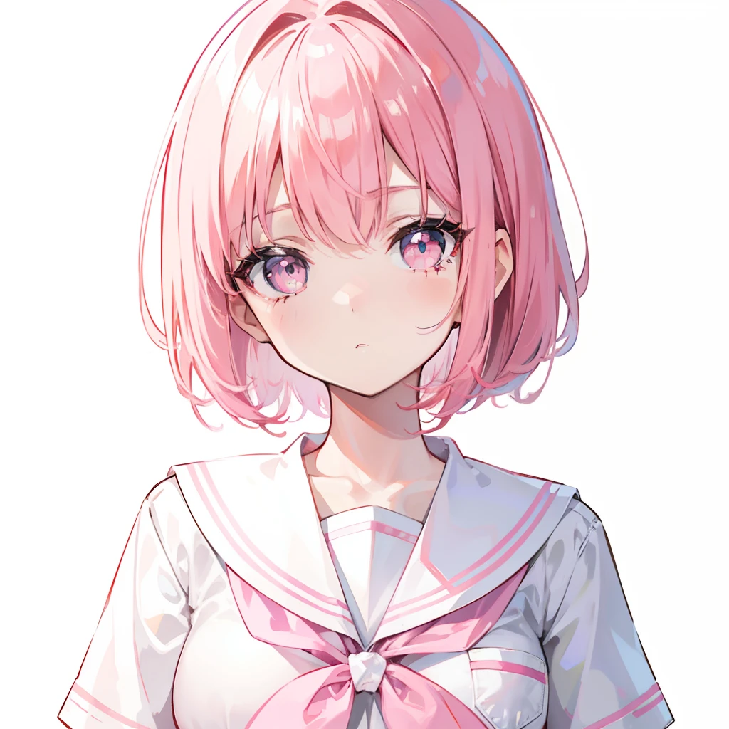 Short pink hair with a sense of transparency，Wearing a milky white ultra-light pink school uniform，Light pink pupils，Super cute sweet girl