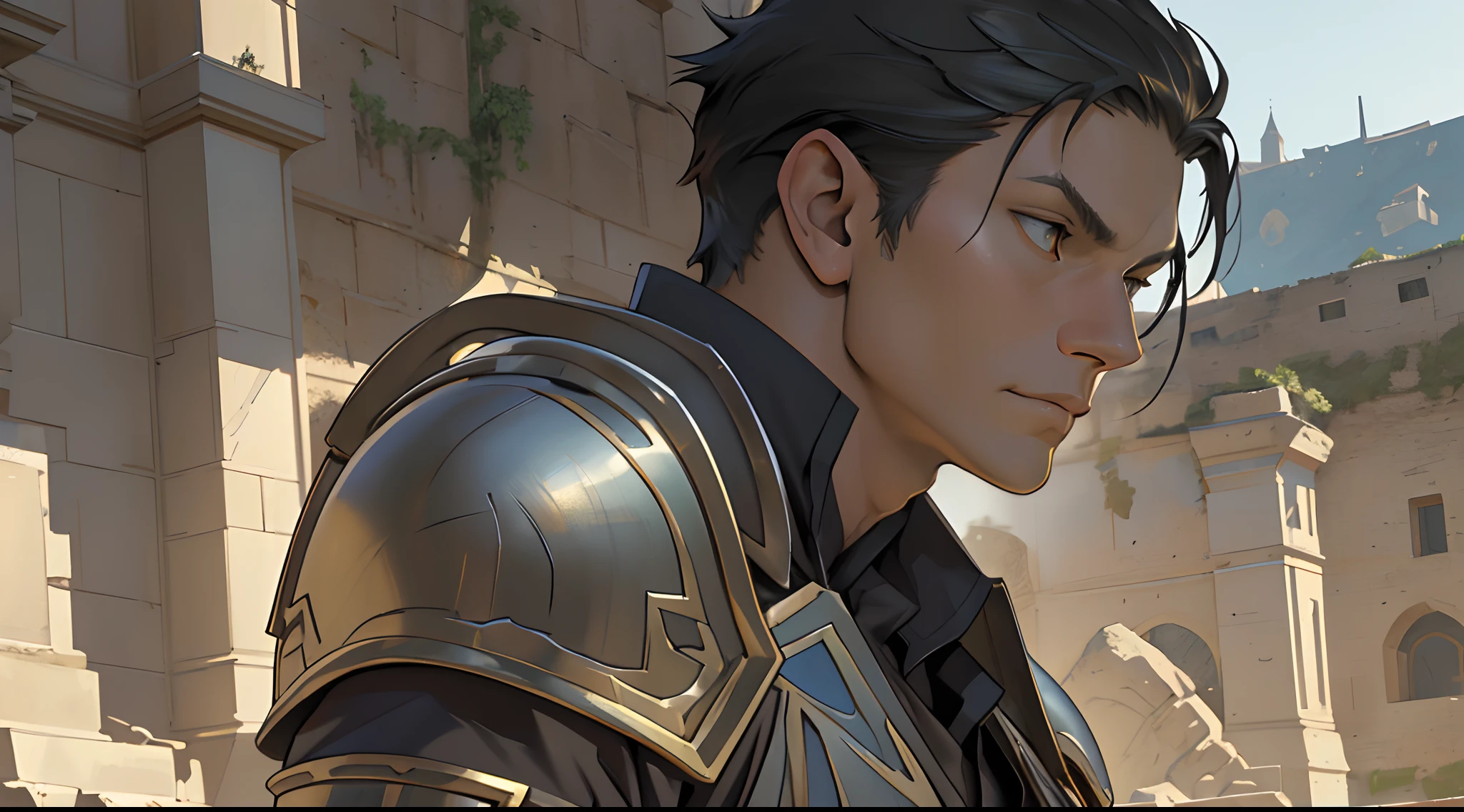 Portrait of a man, 1boy, Solo, Stand quietly, Heroes, A hero never seen before, jawline, Male, Epic, Handsome, prince, warrior, Silver armor, hyperdetailed 3d matte painting, cinemascope panoramic, awe inspiring, landscape, Natural skin texture,  Sharp focus, ((Cinematic look)), insanely details, Intricate details, greg rutkovsky、Works of art by Caravaggio and Alphonse Mucha, analogue style, Castle, inside castle, Calm environment,