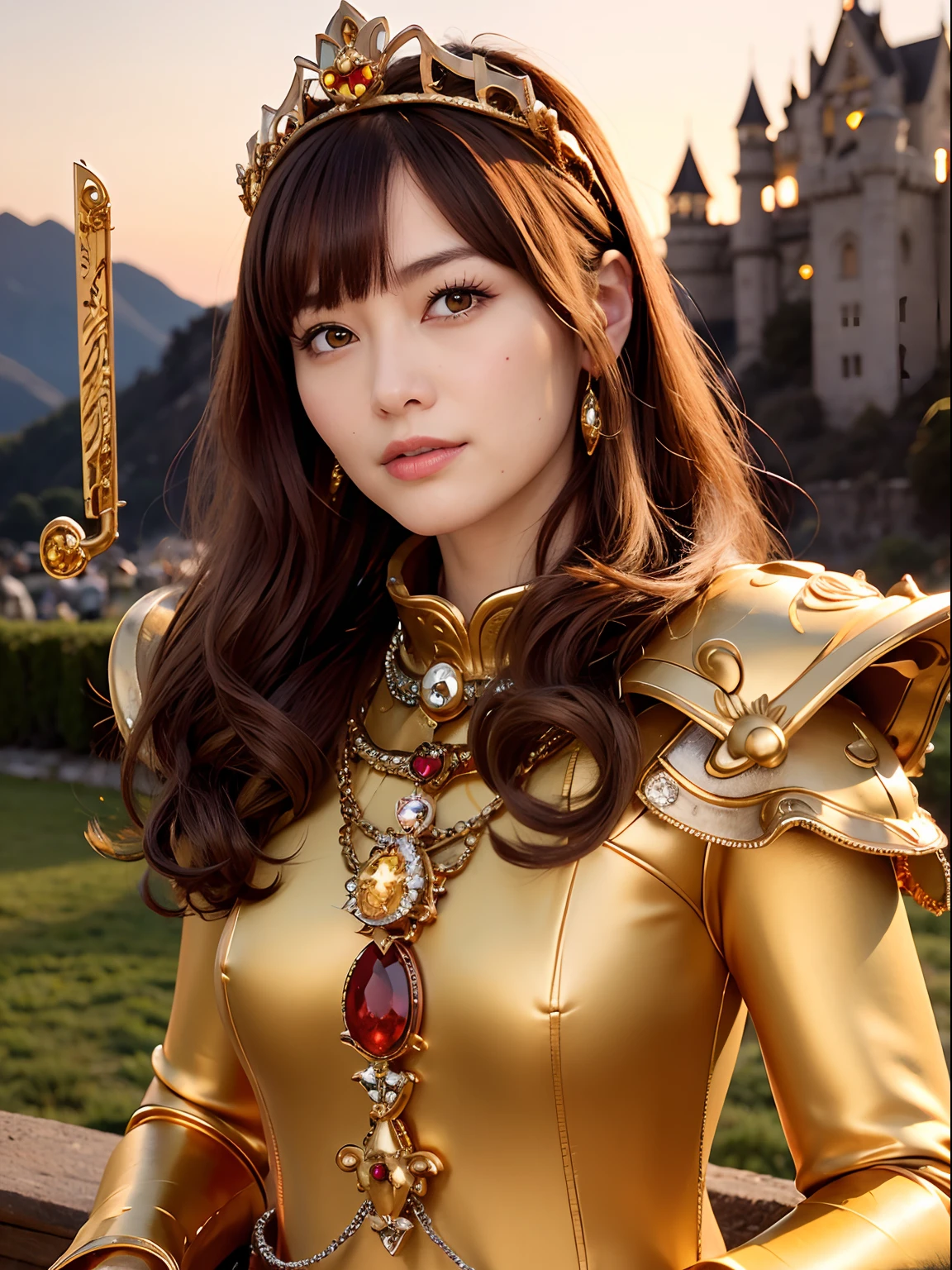 (masutepiece), Professional , masterpiece、top-quality、photos realistic , depth of fields (Gemstone Silver Metal Body:1.9),(Matte yellow、Jewel Gold Weapon、(Gorgeous castle background)、(Jewel Metal Body:1.4),Gorgeous Jewel Metal Weapons , Detailed Sword of the Brave ,( Soldier background in metal armor) ,warhammer 40k , adepta sororitas,Detail and ornate jewel crown、独奏、Brown hair、(Gangle's forest background)、Beautiful Caucasian beauty、1a person、dynamic ungle,(((Diamond tiara with detail and luxury)))、a small face、A smile、Powerful poses、(Gorgeous castle background)、huge filesize、20 year old beautiful woman、Stand in the center of the screen、Thin female fingers、Straight long hair、Beautiful Caucasian beauty、