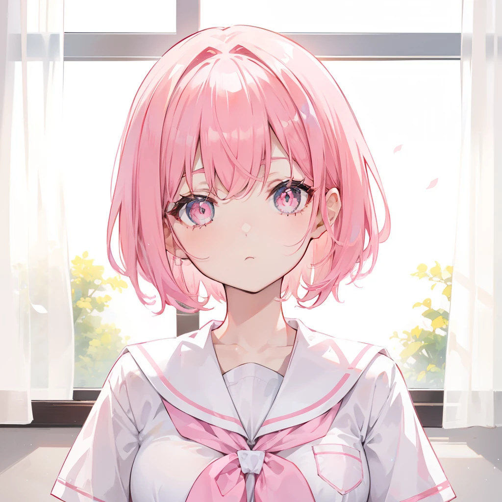 Short pink hair with a sense of transparency，Wearing a milky white ultra-light pink school uniform，Light pink pupils，Super cute sweet girl