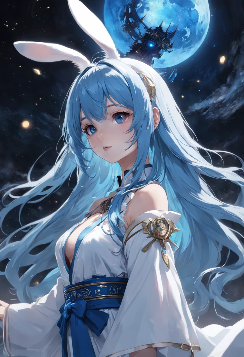 (first person perspective, in a panoramic view,magic realism,surrealism,Chiaroscuro, anime illustration:1.5,,Masterpiece, hyper HD, Super detail, High details, Best quality, A high resolution, A high resolution, Award-Awarded, Award-Awarded, Anatomically correct, 8K),(Delicate anime girl:1.5,blue hairs,Rabbit-shaped headdress:1.5,Gaze at the human moon:1.5,There is a huge satellite suspended in space,A brilliant nebula in the background:1.5),( Chic girl,anatomy correct,Cinematic lighting,senior color matching,Dark background),(Side close-up of 1 delicate girl),(Anime girl with blue hair and blue and white dress:1.2,palaces,hanfugirl,Rabbit-shaped headdress:1.5,Gaze at the top left corner:1.5),(Guviz-style artwork,Guvitz,inspired by Leng Mei,Inspired by Lee Mei Shu,Popular on CGstation,Inspired by Ai Xuan,Blue and white Hanfu,a beautiful fantasy empress:1.5),(A flowing dress,conservative girl,cloud goddess,Flowing blue and white patterned fabric,wearing flowing dress,Realistic)