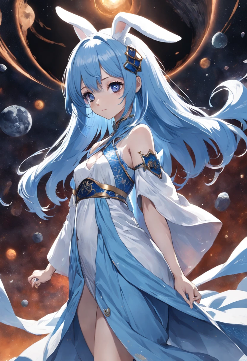 （first person perspective, in a panoramic view，magic realism，surrealism，Chiaroscuro, anime illustration：1.5，，Masterpiece, hyper HD, Super detail, High details, Best quality, A high resolution, A high resolution, Award-Awarded, Award-Awarded, Anatomically correct, 8K），（Delicate anime girl：1.5，blue hairs，Rabbit-shaped headdress：1.5，Gaze at the human moon：1.5，There is a huge satellite suspended in space，A brilliant nebula in the background：1.5），（ Chic girl，anatomy correct，Cinematic lighting，senior color matching，Dark background），（Side close-up of 1 delicate girl），（Anime girl with blue hair and blue and white dress：1.2，palaces，hanfugirl，Rabbit-shaped headdress：1.5，Gaze at the top left corner：1.5），（Guviz-style artwork，Guvitz，inspired by Leng Mei，Inspired by Lee Mei Shu，Popular on CGstation，Inspired by Ai Xuan，Blue and white Hanfu，a beautiful fantasy empress：1.5），（A flowing dress，conservative girl，cloud goddess，Flowing blue and white patterned fabric，wearing flowing dress，Realistic）