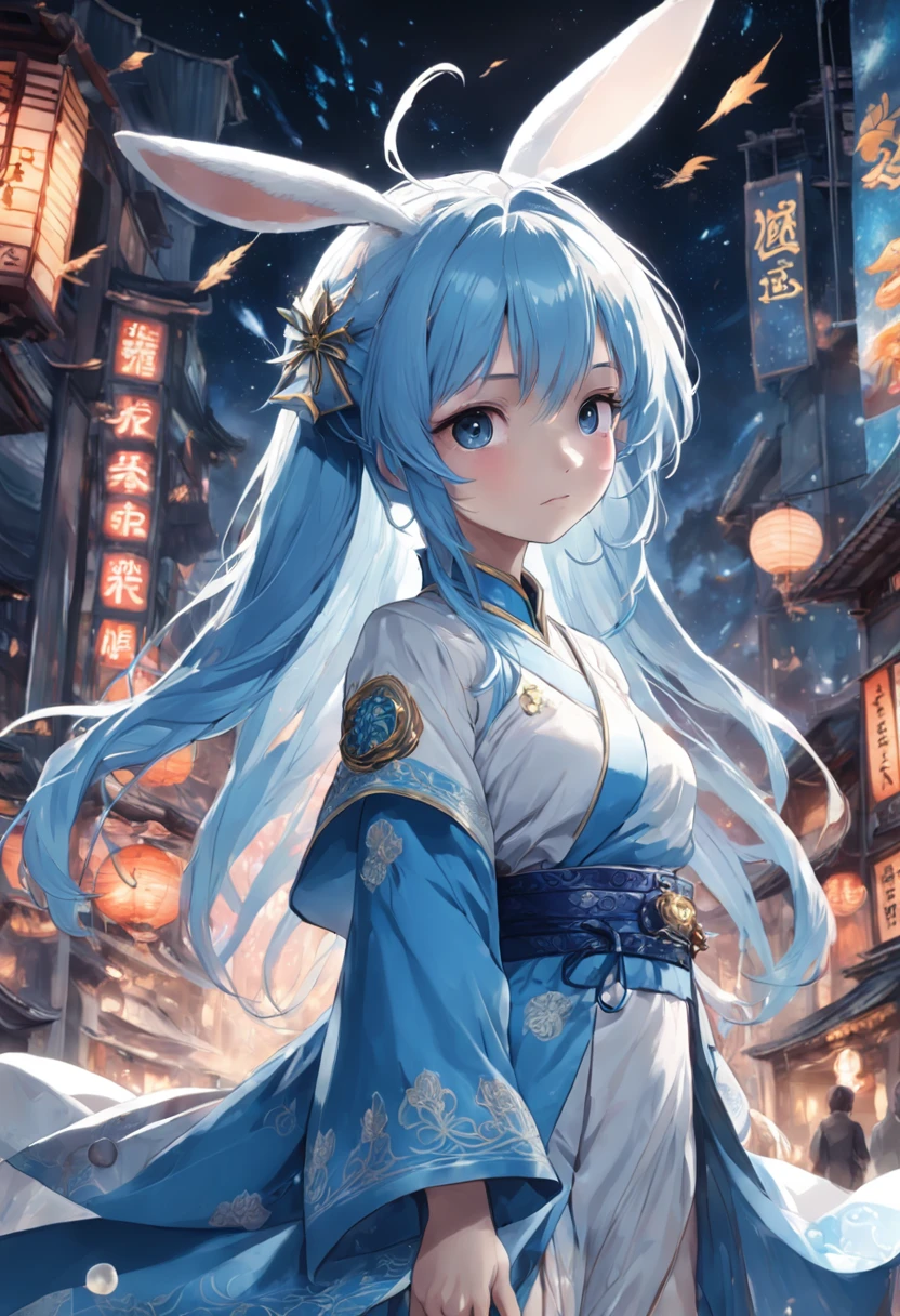 (first person perspective, in a panoramic view,magic realism,surrealism,Chiaroscuro, anime illustration:1.5,,Masterpiece, hyper HD, Super detail, High details, Best quality, A high resolution, A high resolution, Award-Awarded, Award-Awarded, Anatomically correct, 8K),(Delicate anime girl:1.5,blue hairs,Rabbit-shaped headdress:1.5,Gaze at the human moon:1.5,There is a huge satellite suspended in space,A brilliant nebula in the background:1.5),( Chic girl,anatomy correct,Cinematic lighting,senior color matching,Dark background),(Side close-up of 1 delicate girl),(Anime girl with blue hair and blue and white dress:1.2,palaces,hanfugirl,Rabbit-shaped headdress:1.5,Gaze at the top left corner:1.5),(Guviz-style artwork,Guvitz,inspired by Leng Mei,Inspired by Lee Mei Shu,Popular on CGstation,Inspired by Ai Xuan,Blue and white Hanfu,a beautiful fantasy empress:1.5),(A flowing dress,conservative girl,cloud goddess,Flowing blue and white patterned fabric,wearing flowing dress,Realistic)