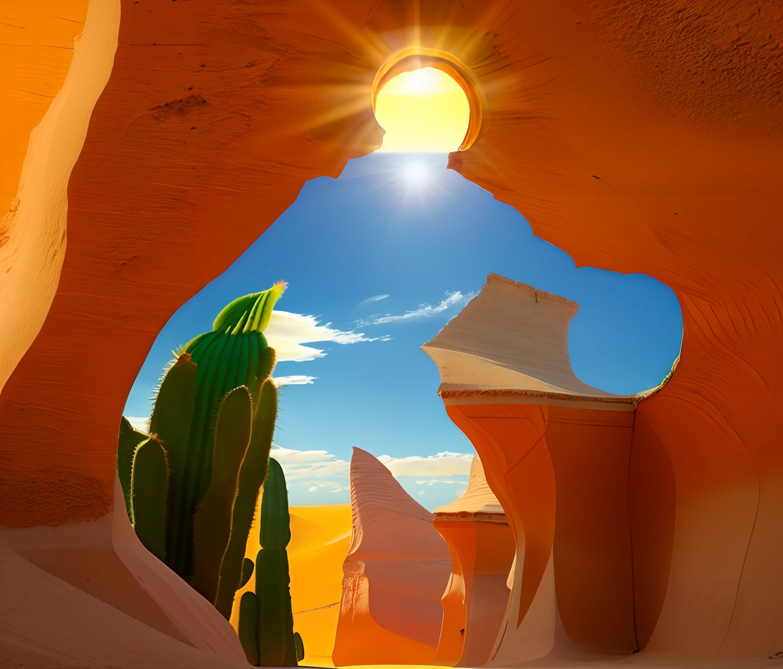 A desert，cacti，Blazing sun，sand dune