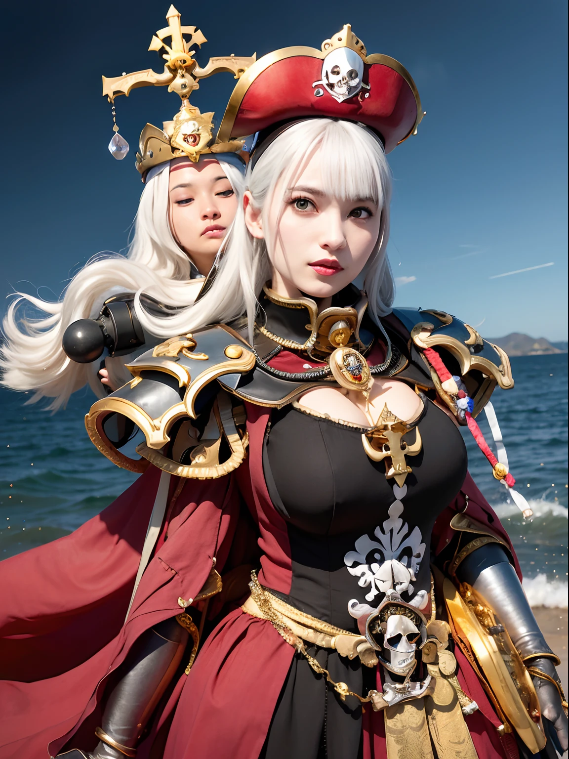 (masutepiece), Professional , masterpiece、top-quality、photos realistic , depth of fields (Gemstone Silver Metal Body:1.9),(Matte White、(Put on a pirate hat)、Jewel Gold Weapon(Jewel Metal Body:1.4),Gorgeous metal weapons , Detailed Sword of the Brave , Beautiful knife ,warhammer 40k , The port town、adepta sororitas,Detail and ornate jewel crown、Black hair、Gangle's forest background、Beautiful Caucasian beauty、1a person、dynamic ungle,(((Detailed and ornate diamond crown)))、Smaller head、A smile、Take a sexy pose、Background inside the castle、Thin and beautiful female hands、cleavage of the breast、Soldier in iron armor on background、Man soldier in iron armor on background、Sea view、Pirate Ship、Woman or stand in the center、Pirate Ship、