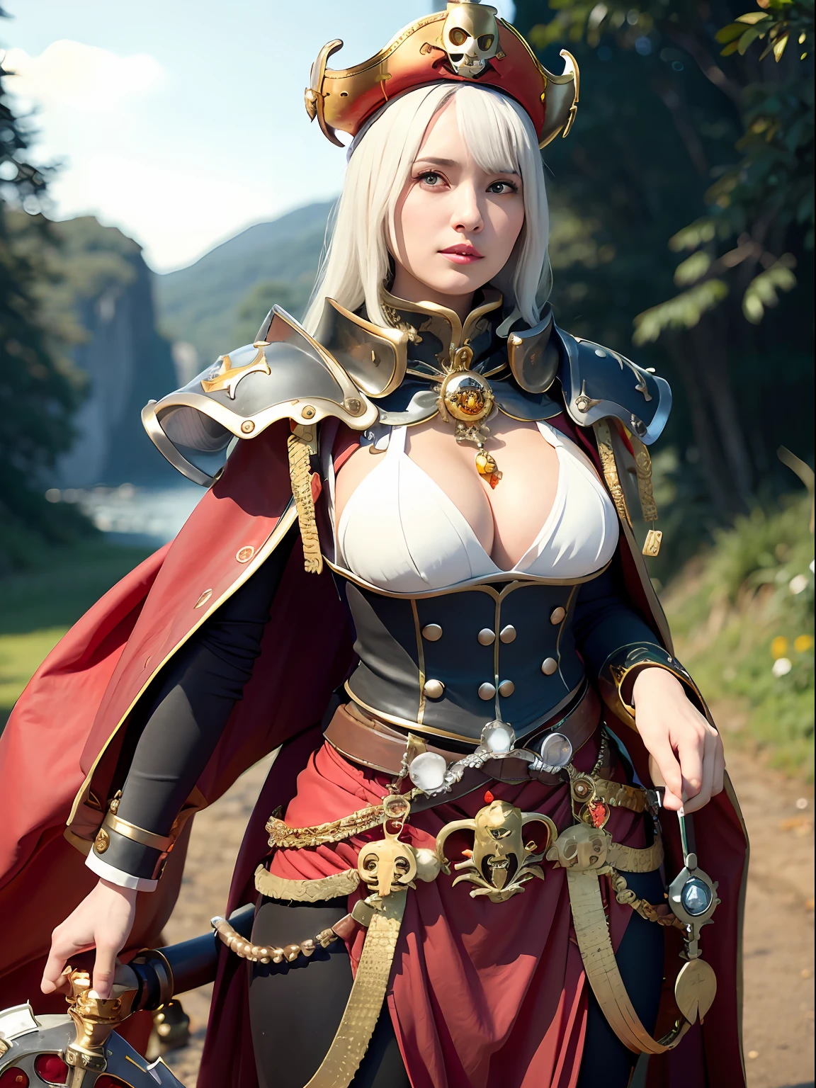 (masutepiece), Professional , ​masterpiece、top-quality、photos realistic , depth of fields （Gemstone Silver Metal Body:1.９),(Matte White、（Put on a pirate hat）、Jewel Gold Weapon（Jewel Metal Body:1.４),（Gorgeous metal weapons） , Detailed Sword of the Brave , Beautiful knife   ,warhammer 40k , The port town、adepta sororitas,Detail and ornate jewel crown、Black hair、Gangle's forest background、Young Caucasian beauty、１a person、dynamic ungle,(((Detailed and ornate diamond crown)))、Smaller head、A smile、Take a sexy pose、Thin and beautiful female hands、cleavage of the breast、Soldier in iron armor on background、Soldier in iron armor on background、Sea view、