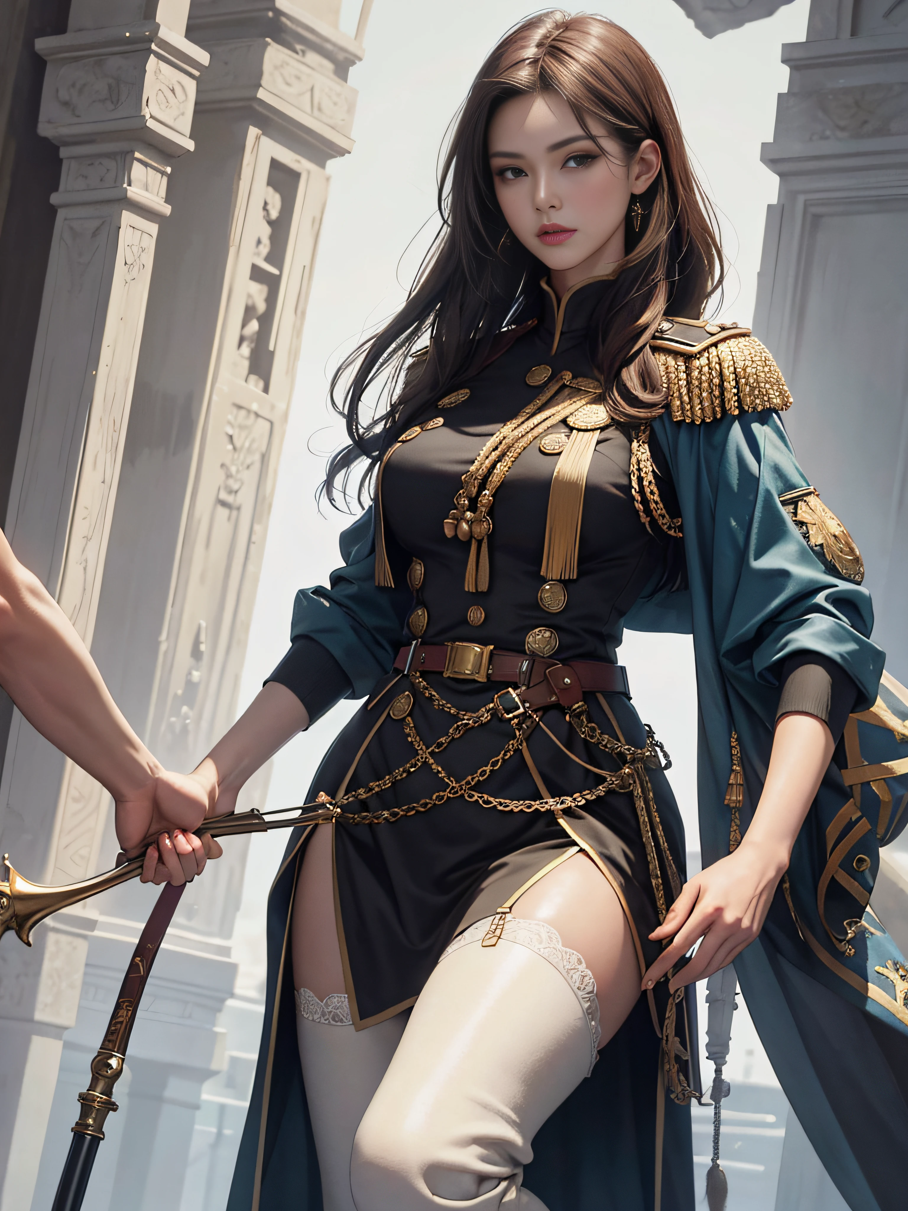 tmasterpiece,A high resolution,Absolutely beautiful,a mature female,European warriors,Fine and detailed eyes and detailed face,Tall and tall,Wearing an officer's uniform,tight uniform,Tight trousers on the lower body,Wear booties,Wear knee-high cotton socks,Female general,military officer, allure:(Tall:1.4),haughty,Mature temperament,(Wide buttock:1.4),(Thick thighs:1.4),Majesty,Rich scene detail,In the midst of the war,are standing,action