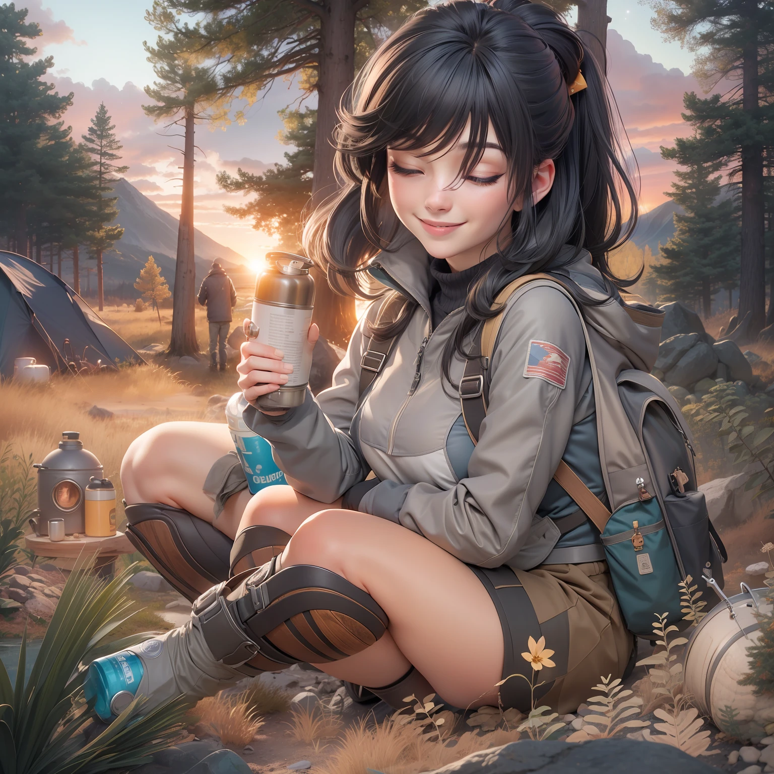 1 woman, black hair, skirt, cold blouse ((full body, crouching, smiling, happy)), masterpiece, best quality, perfect eyes, perfect hands, perfect legs, ultra-detailed, solo, outdoor, (sunset), mountains, nature, (stars, cloud) cheerful, happy, backpack, sleeping bag, camping stove, water bottle, tennis, gloves, flashlight, forest, stones, river, wood, smoke, shadows, contrast,  style, (warm hue, warm tone: 1.2), cinematic light, side lighting, ultra high resolution, best shade, RAW, wooden house, campfire